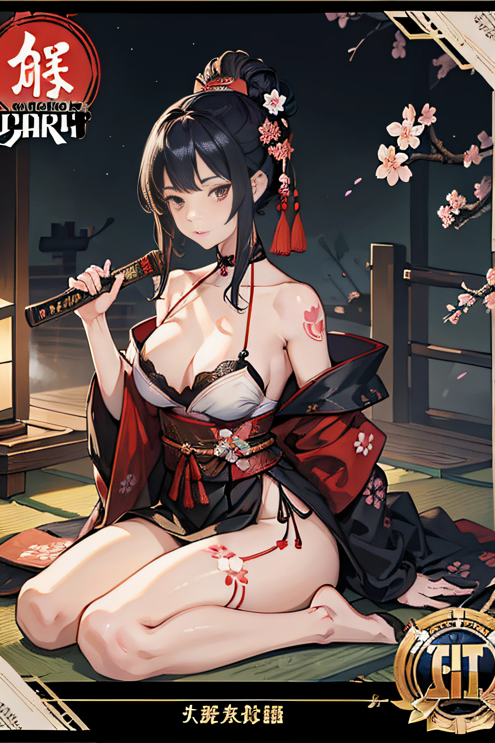 (Masterpiece, Best Quality), 8k Wallpaper, highly detailed, sexy female ronin, samurai, cherry blossom flowers border, japanese tattoos,  katana, japan, night, moonlight, vector style art, erotic, movie poster style, lettering.