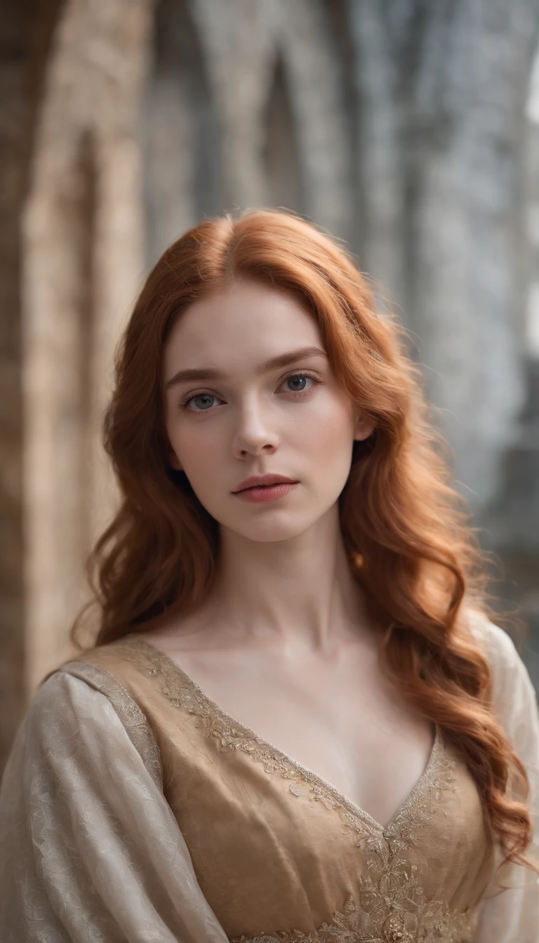 RAW photo, Girl 20 years old, Waist-length image in the center of the composition, pretty, Modest, Embarrassed, imperfectly detailed face, ((ginger wavy tousled hair)), Modest (early medieval dress) with long, wide, spacious straight sleeves, in a medieval castle, blurred background, 8K UHD, dim lighting, hiquality, Film grain, Fujifilm XT3 naked girl