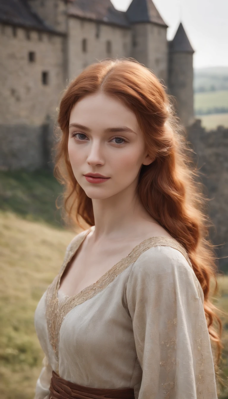 RAW photo, Girl 20 years old, Waist-length image in the center of the composition, pretty, Modest, Embarrassed, imperfectly detailed face, ((ginger wavy tousled hair)), Modest (early medieval dress) with long, wide, spacious straight sleeves, in a medieval castle, blurred background, 8K UHD, dim lighting, hiquality, Film grain, Fujifilm XT3 naked girl