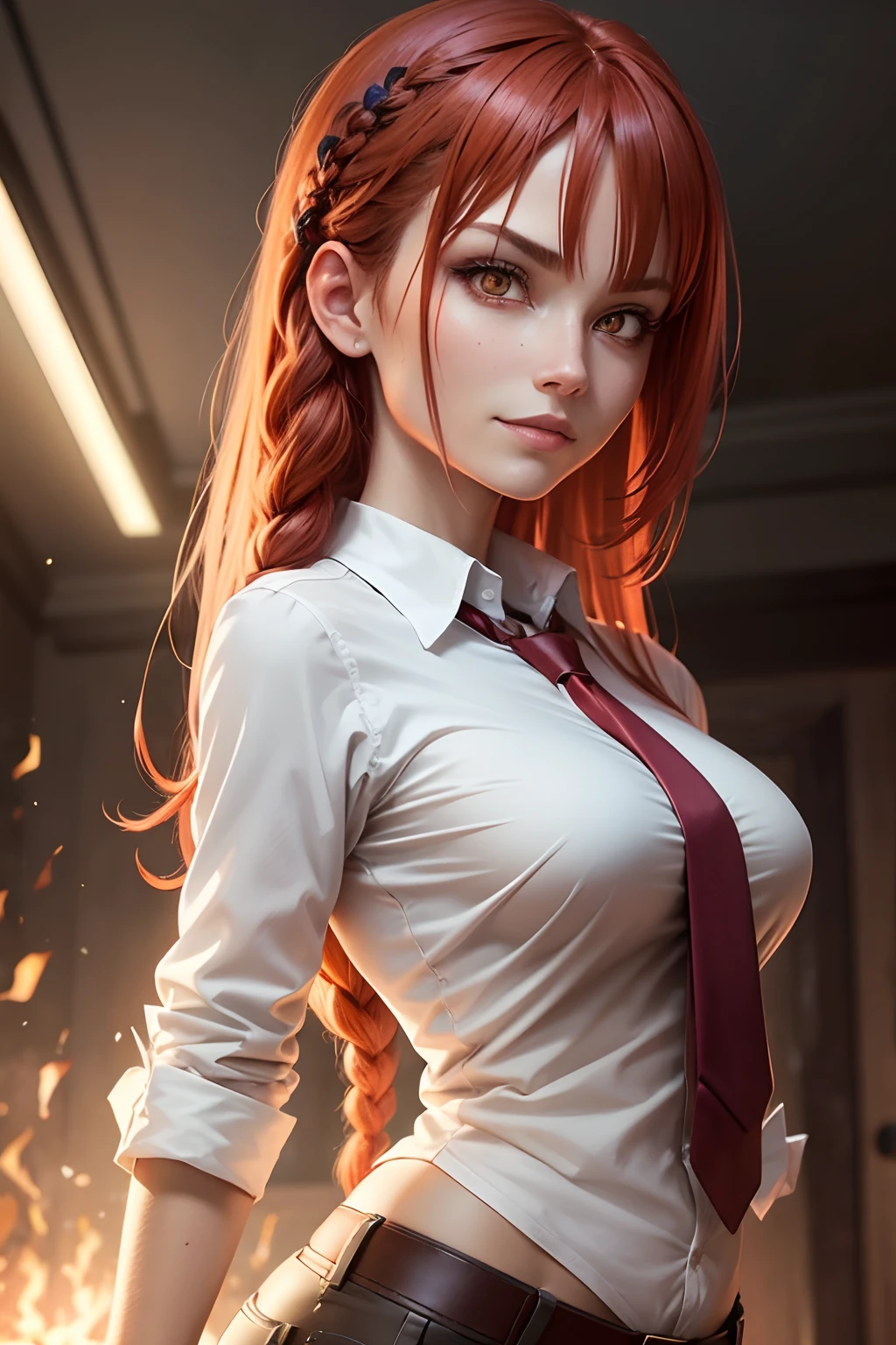 sexy makima (chainsaw man), best quality, ultra detailed, 1girl, solo, standing, red hair, long braided hair, golden eyes, bangs, medium breasts, white shirt, necktie, stare, smile, (evil:1.2), looking at viewer, (interview:1.3), (dark background), from below, sharp contrast , gorgeous detailed eyes, focus , close up shot , glowing orange eyes,front view