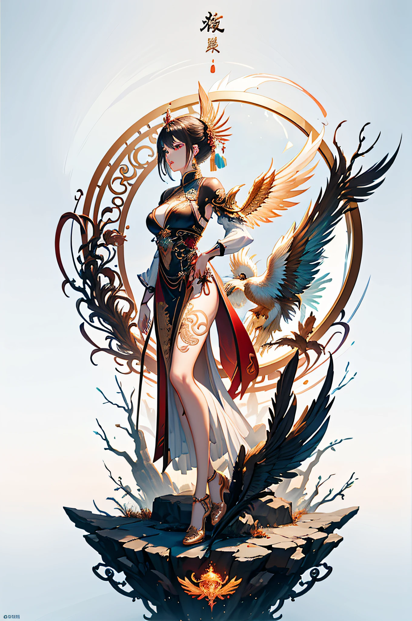 A beautiful Chinese girl standing on the water, misty reflection, a huge phoenix divine bird in the sky, magic, fantasy, dynamic posture, composed of colorful glowing flames, delicate face, delicate eyes, long black and golden hair, wearing amber and sky blue Hanfu, delicate and intricate patterns, ink painting, golden bronzing, epic composition, soft shadows, Clean sharp focus, cinematography, center composition, poster design, film photography, Panorama, 32K --v 6