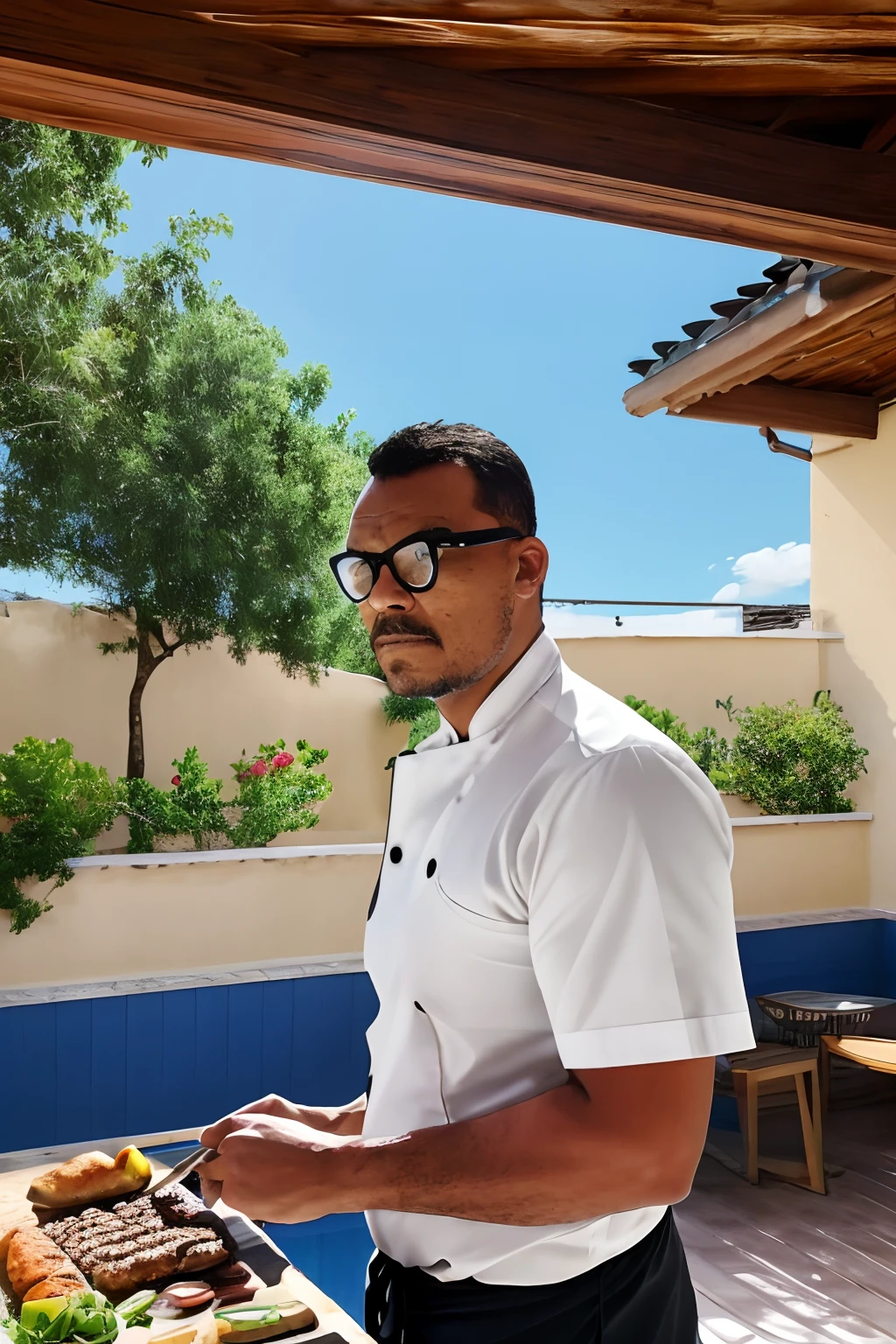 guttonerdvision10, Create a 2D cartoon-style illustration with black outline strokes, flat coloration, Depiction of a man wearing glasses while grilling outdoors. It is on a rustic balcony with tables and accessories, ostentando um avental de chef. It's a sunny day with a swimming pool in the background, which is intentionally blurred to emphasize the man. Render the illustration in UHD for optimal detail.