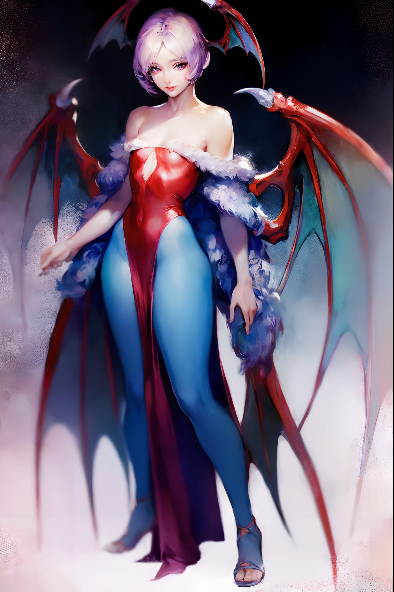 (best quality,masterpiece:1.2),intricate details,beautiful detailed eyes,beautiful detailed lips,extremely detailed eyes and face,longeyelashes,darkstalkers_lilith modeseven,super curvy,comic style,vibrant colors,standing,innocent, full body, standing, smile