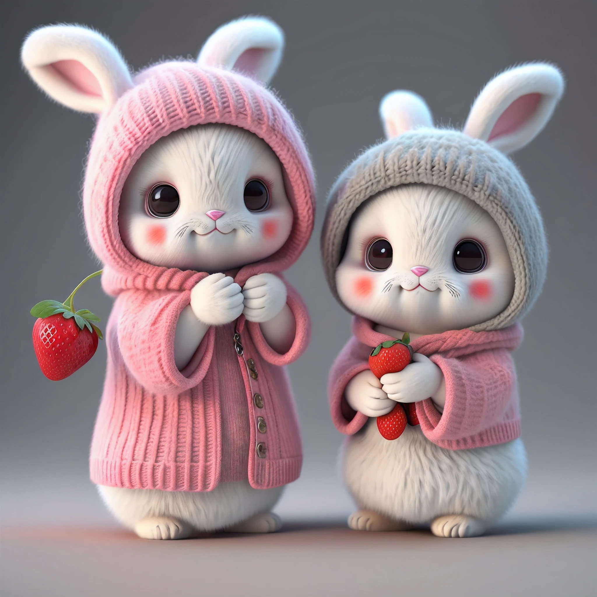 : 3. bunny, realistic, furry animal, apple, black eye, blush, cherry, food, fruit, full body, hat, non-human, strawberry, tomato, watermelon