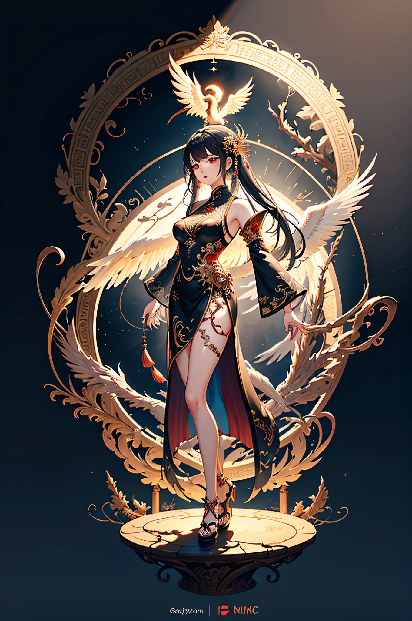 A beautiful Chinese girl standing on the water, misty reflection, a huge phoenix divine bird in the sky, magic, fantasy, dynamic posture, composed of colorful glowing flames, delicate face, delicate eyes, long black and golden hair, wearing amber and sky blue Hanfu, delicate and intricate patterns, ink painting, golden bronzing, epic composition, soft shadows, Clean sharp focus, cinematography, center composition, poster design, film photography, Panorama, 32K --v 6