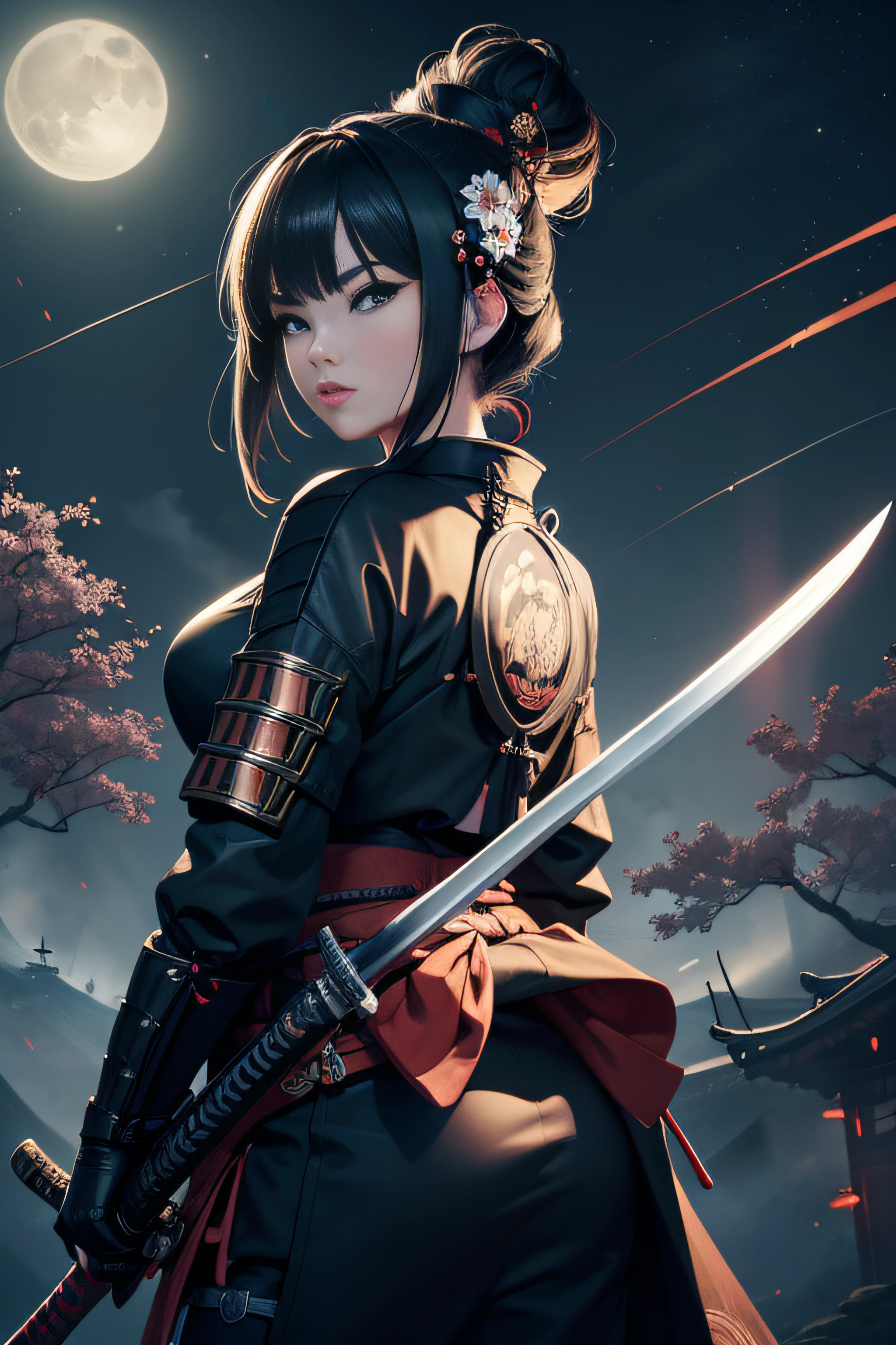 (Masterpiece, Best Quality), 8k Wallpaper, highly detailed, sexy female ronin, samurai, katana, japan, night, moonlight, vector style art, erotic, movie poster style, lettering.