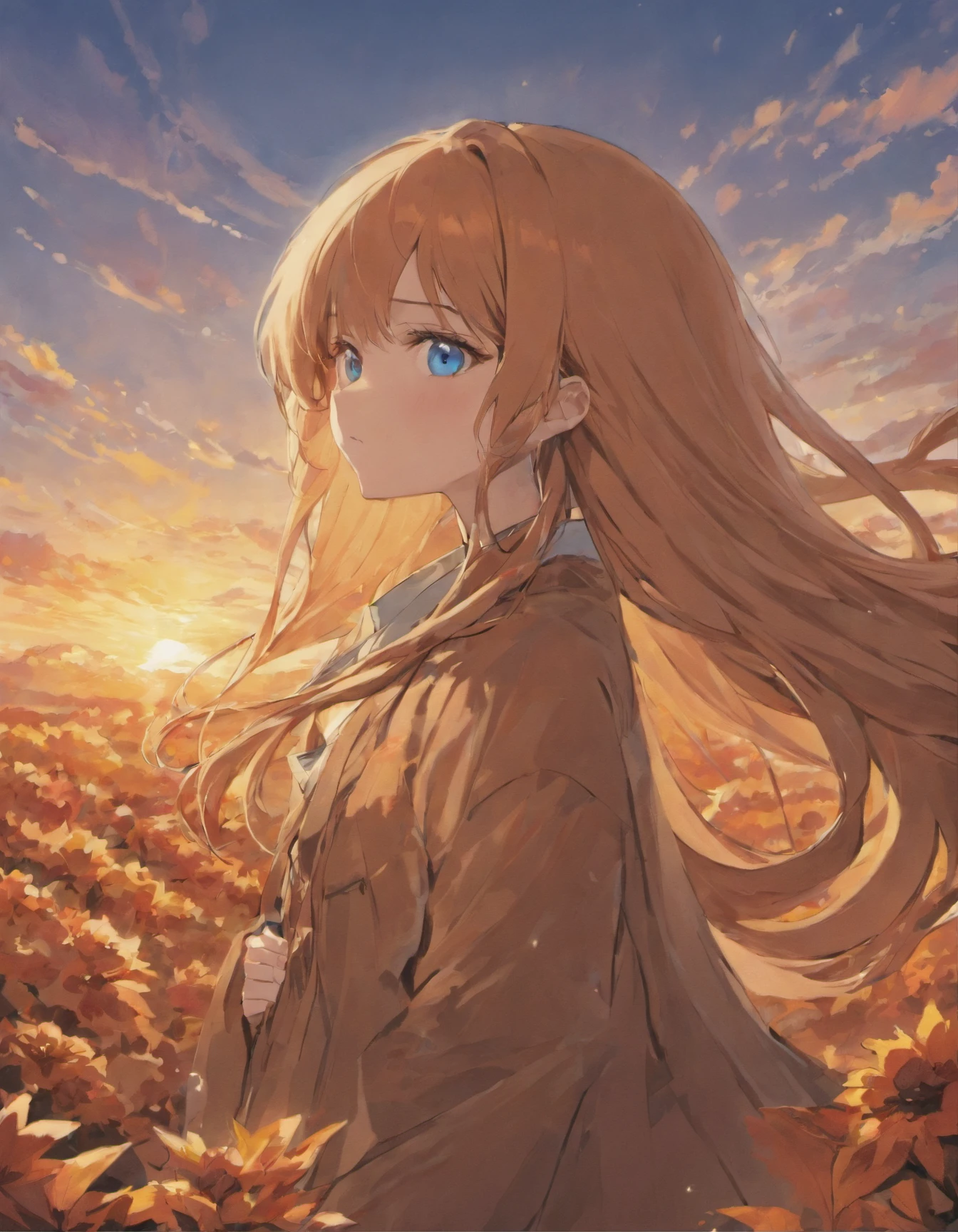 Bronze Long Hair Blue Eyes Active Autumn Sunset