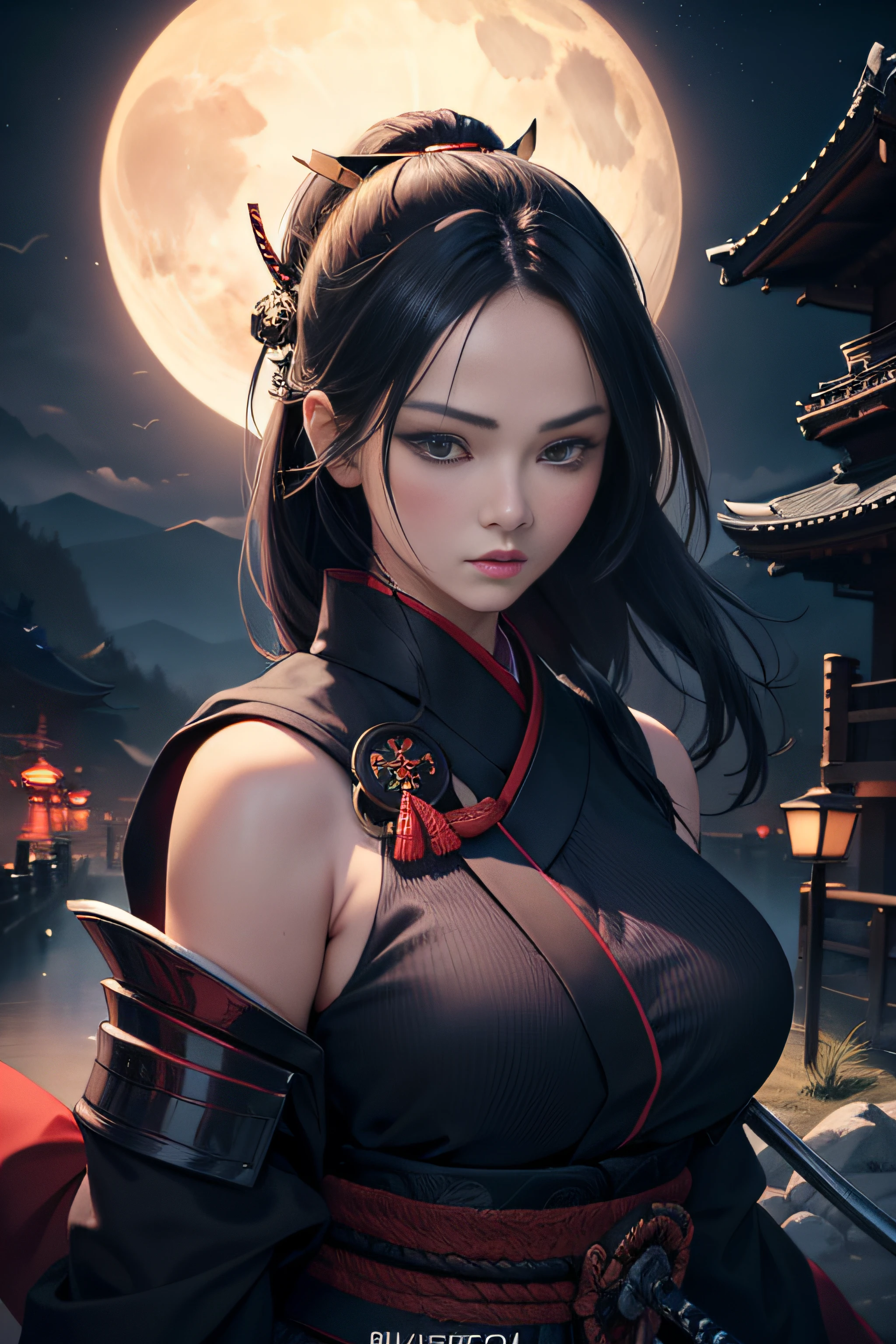 (Masterpiece, Best Quality), 8k Wallpaper, highly detailed, sexy female ronin, samurai, katana, japan, night, moonlight, vector style art, ??????, movie poster style, lettering.