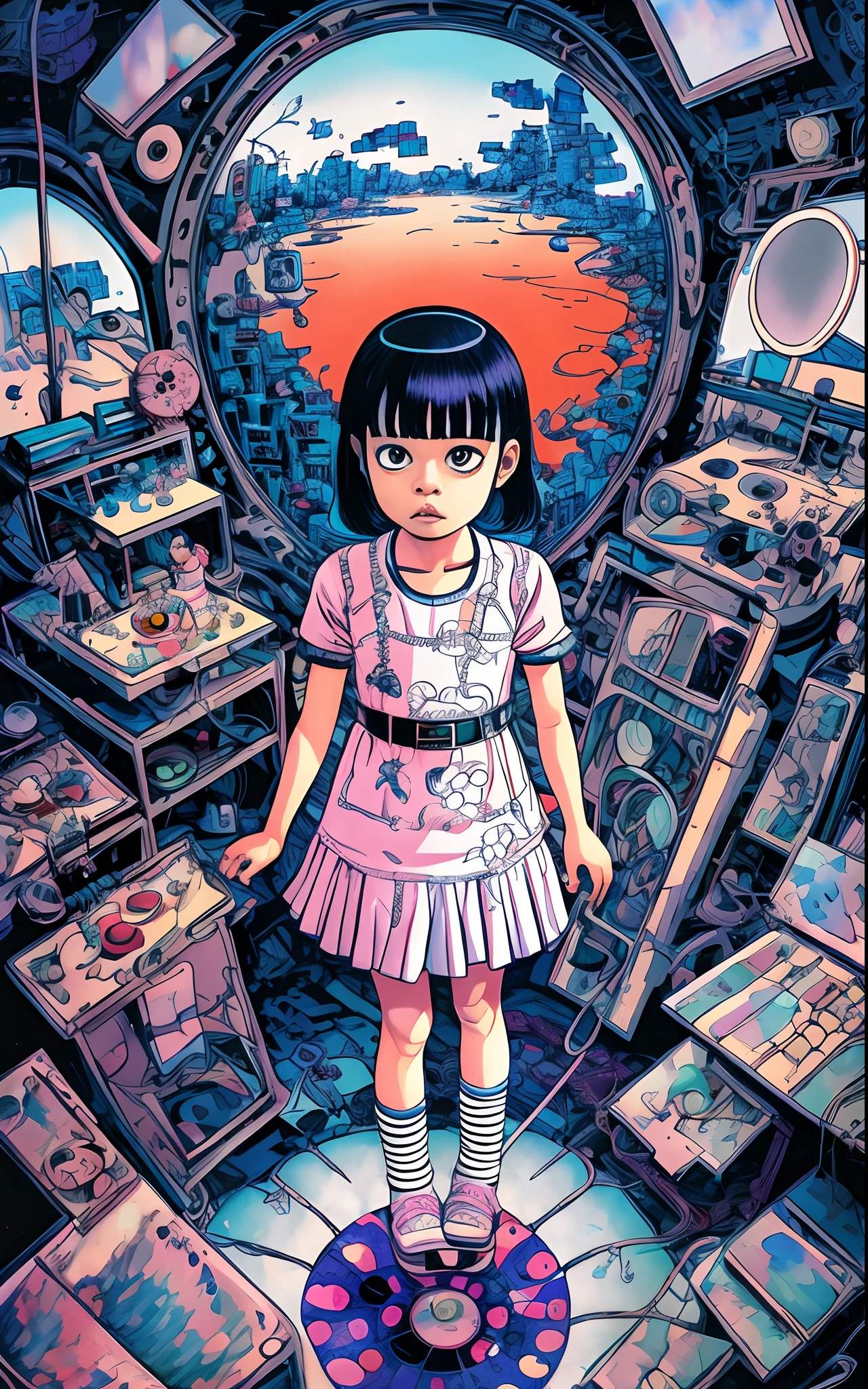 Painting of a standing in a room with a mirror, junji ito 4 k, inspired by Josan Gonzalez, pop japonisme 3 d ultra detailed, by Jason Teraoka, josan gonzales, makoto shinkai cyril rolando, In the style of Katsuhiro Otomo, shintaro kago, satoshi kon artstyle
