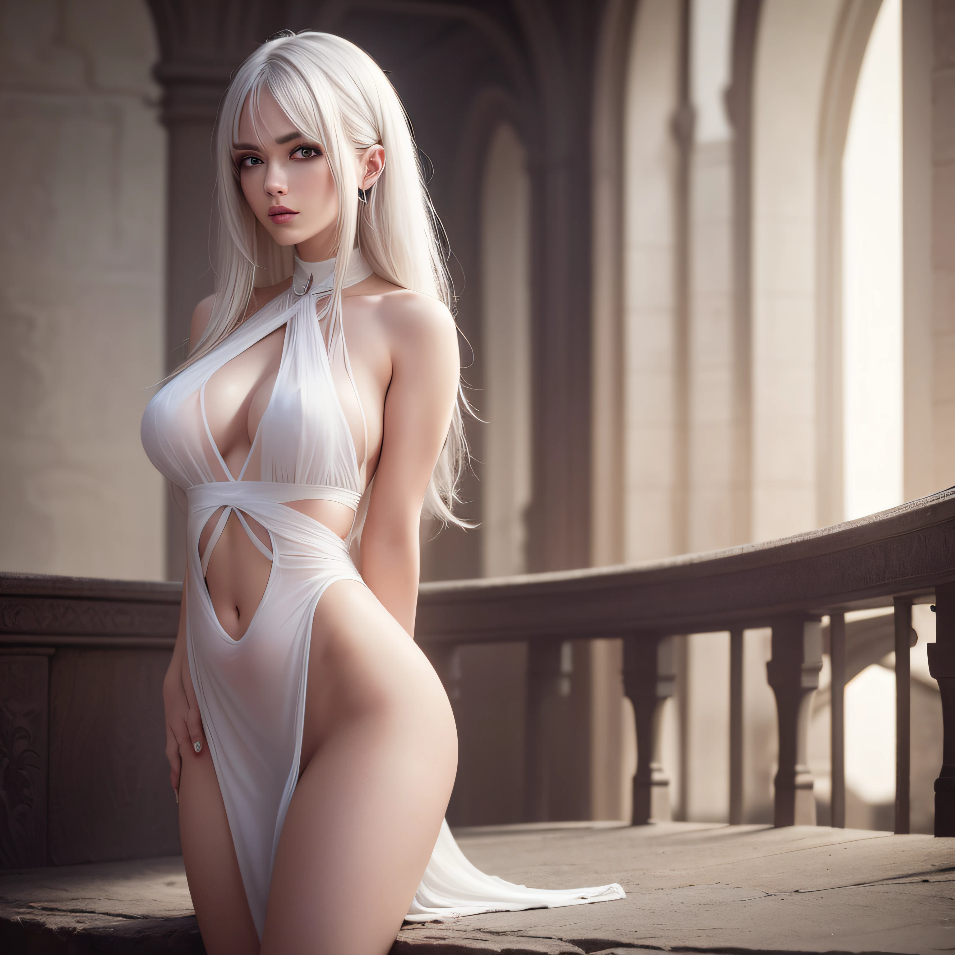 detailed long white hair, huge file size, 1girl,ultra sexy, hyper seductress, seductive make up, dark eyeliner,((long white hair)), long white hair, unashamed, ((very firm breasts)), (((toned flawless fit perfect body and anatomy))), fashi-g, dark exquisite makeup, ((ultra thin sheer fabric)), ((turned towards camera looking at viewer, hyper seductive)), Depth of field, high contrast, very risky exhibitionism, (medium sized very firm breasts),sideboob,underboob, downblouse,motion blur, sexy attire, Realism, VFX, Volumetric Lighting, Volumetric Light, Volumetric, Natural Lighting, detailed and intricate, high intricate details, absurd amount of details, absurdres, high resolution, flashing, Jedi master in deep meditation, in jedi outfit, sitting cross-legged, (desert oasis:1.1), extremely detailed face, RAW photo, film grain, skin pores
