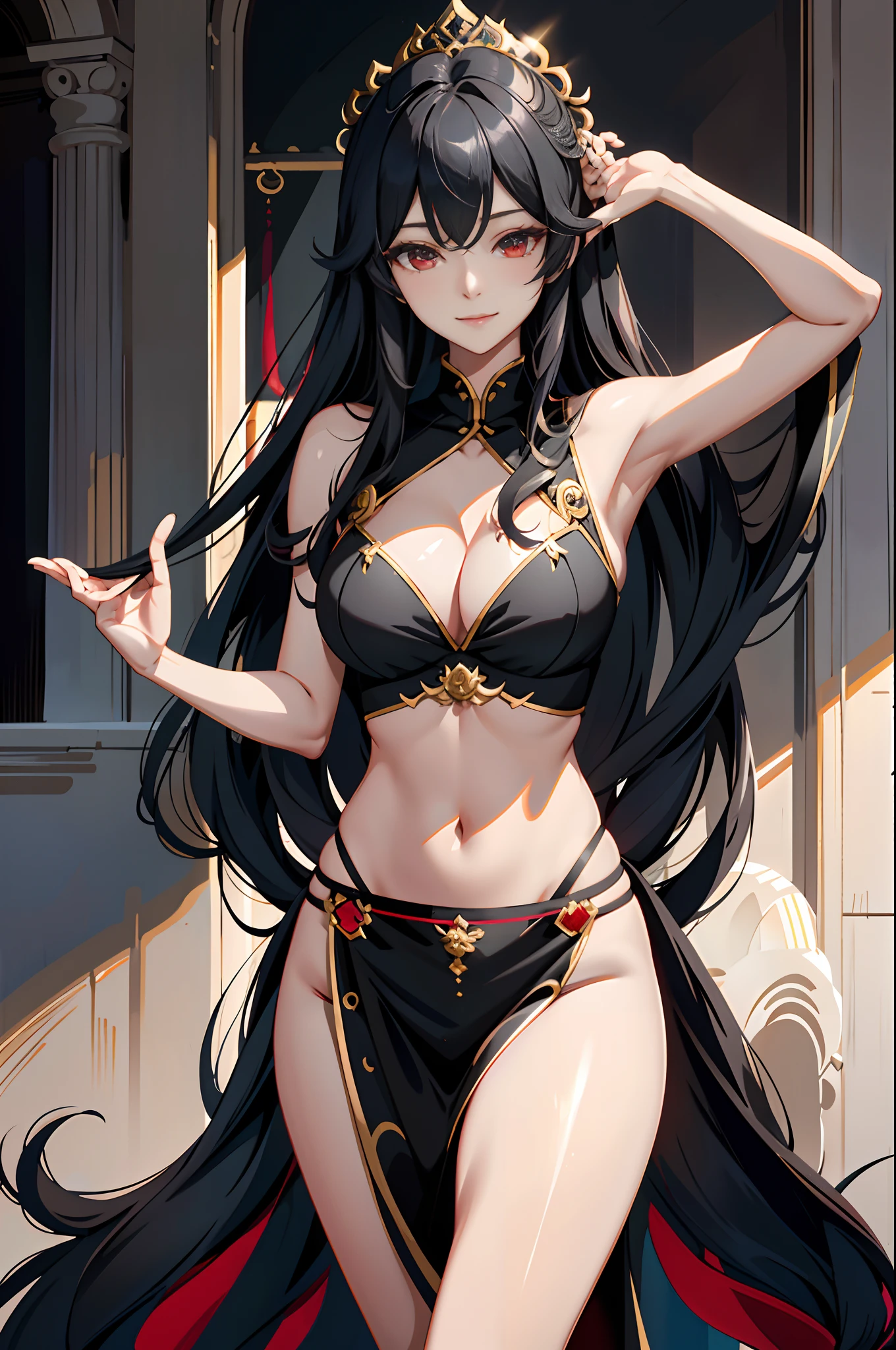 1 daughter、Verikis, The Woman of Sheba、Dance of Belkis at dawn、Light smile、Black Long Hair、red eyes、Black underwear、llight rays、brilliance、thighs thighs thighs thighs、鎖骨、big breasts thin waist、(​masterpiece)、wall-paper、