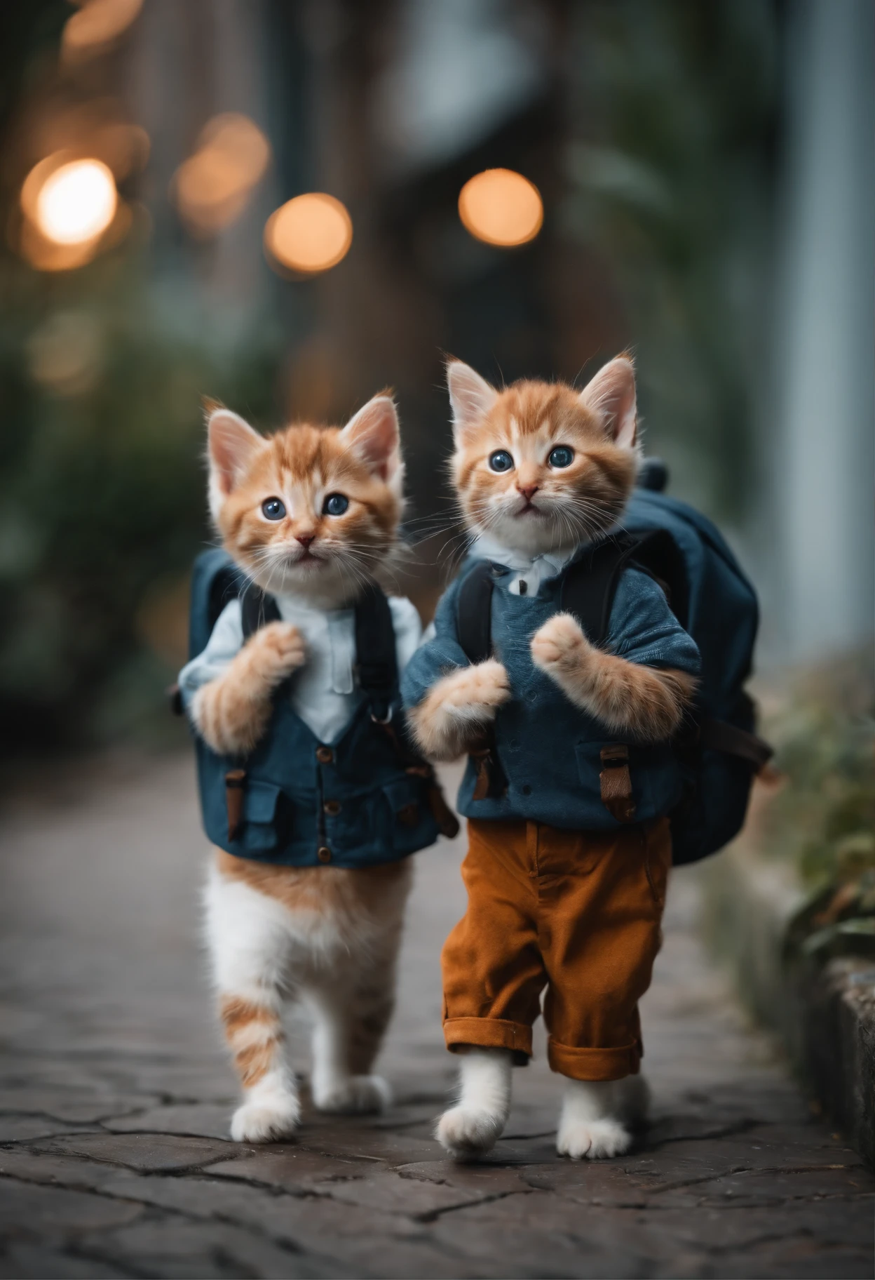 I have two little kittens, a cute little cat, cute kittens, Cutest, Incredibly cute, Adorable and cute, And cute and lovely. They are walking down the street with backpacks, Walking together, commute, Proudly walk down the street, And the cat is walking. They are cute in the style of 🍂 and 🍁, Adorable and cute, Cute and adorable, oh, nice and cute. They are known as real-life Tom and Jerry.