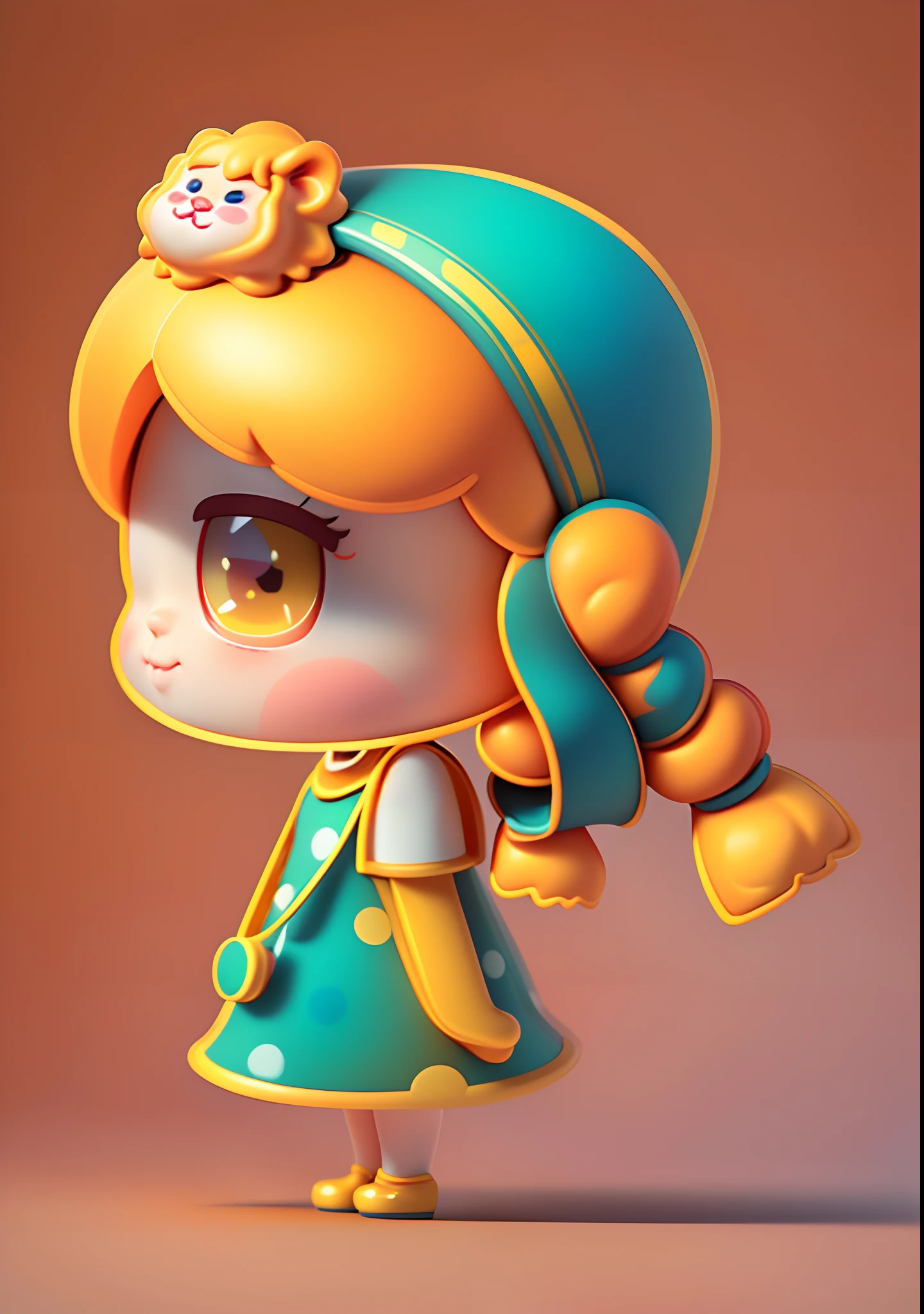 (best quality,highres,ultra-detailed,realistic),portrait,beautiful detailed girl with a cute face,adorable eyes and lips,beautiful orange hair styled in double pigtails,wearing a stylish yellow polka dot dress, holding a lion-shaped hair accessory.
