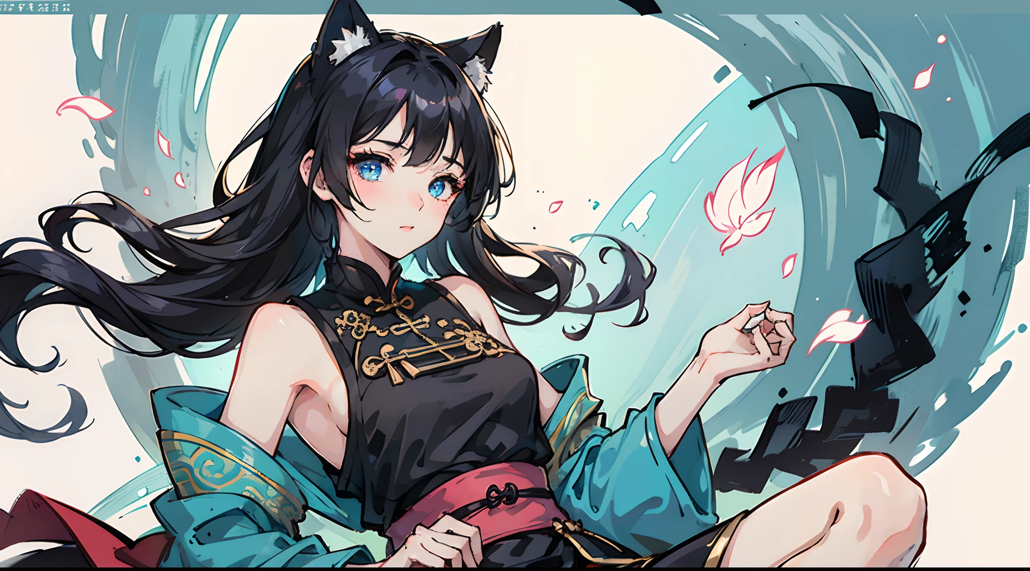 best qualtiy，tmasterpiece，quadratic element，1girl，black hair， blue eyes ，shy，on cheongsam，It has Jiangnan water town elements，Fair complexion，Smaller chest，The upper part of the body，cat ear，teardrop，Blushlush，tiny mouth，Bangs flutter in the wind，Purified skin --auto