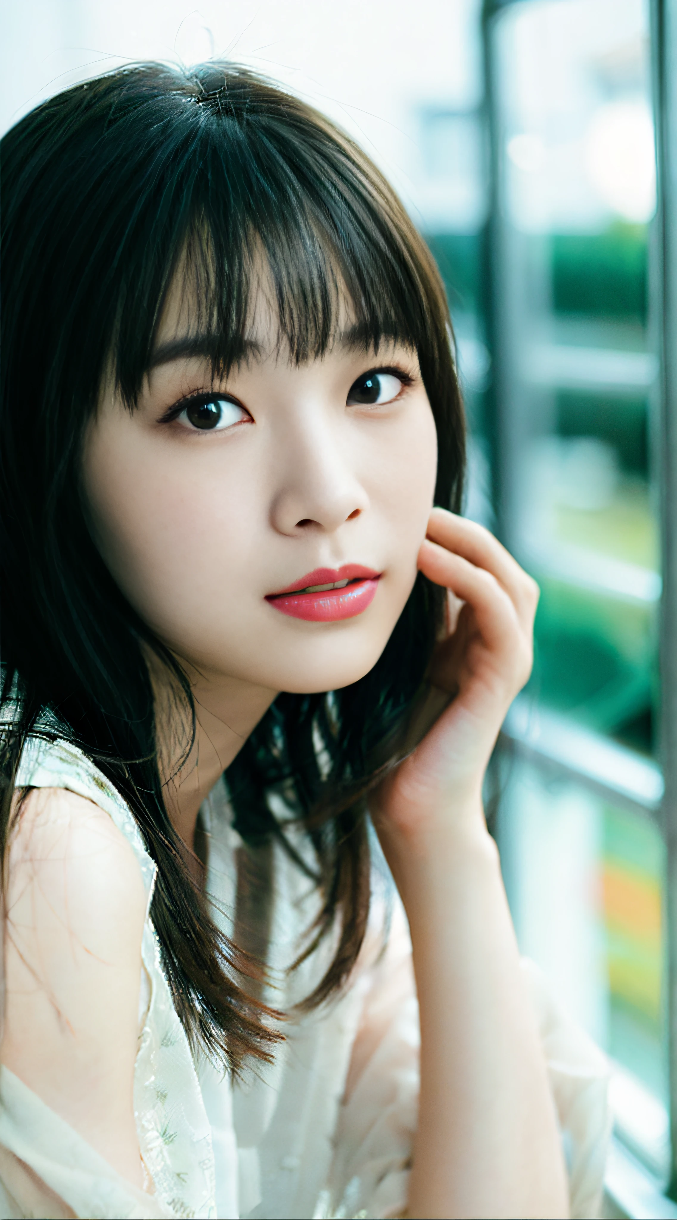 (Raw photography、top-quality)、(realisitic、Photorealsitic:1.3)、​masterpiece、extremely delicate and beautiful、A highly detailed、Unity、8K、astonishing、Detailed detail、ultra-detailliert、hight resolution、absurderes、foco nítido、Cinematic lighting、Clean clothing、Detailed finger、女の子1人、(ulzzang -6500-v1.1: 0.6)、(realistic skin textures)、Depth of subject、Film grain、Ilford HP5、