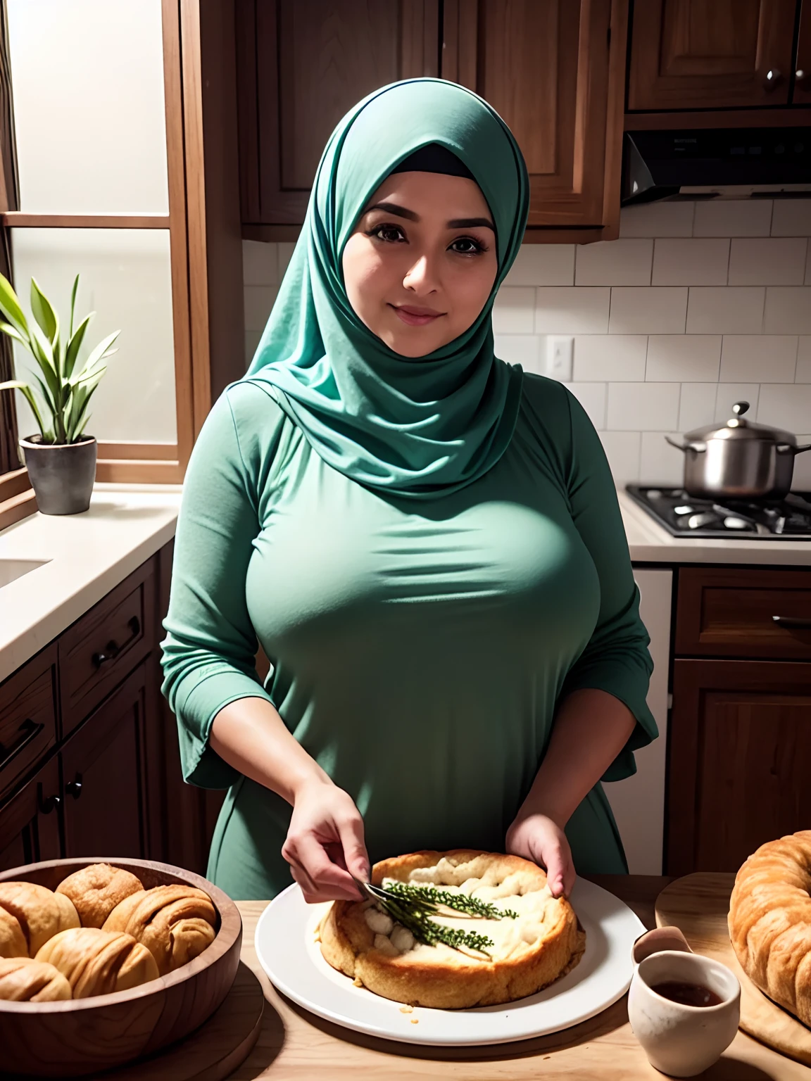 (best quality,4k,8k,highres,masterpiece:1.2)sexy, ,busty mom, ultra-detailed,realistic,beautiful detailed eyes,beautiful detailed lips,extremely detailed eyes and face,longeyelashes,medium:illustration,[Muslim],cute thicc beautiful mom in kitchen,making delicious food,magical atmosphere,clean and tidy kitchen,aromatic spices, colorful ingredients,family recipe secrets,baking pastries and cakes,lovingly stirring the pot,warm and soft lighting,modern appliances,traditional cooking techniques,authentic flavors,exquisite cookware and utensils, big boobs, ,family heirloom apron,happy and content expression,smelling the aroma,sharing food and love,warm color palette,soft shadows,subtle highlights,detail-rich textures,lush green plants,inviting dining area,dressed in a beautiful hijab,belonging to a diverse culture and community
