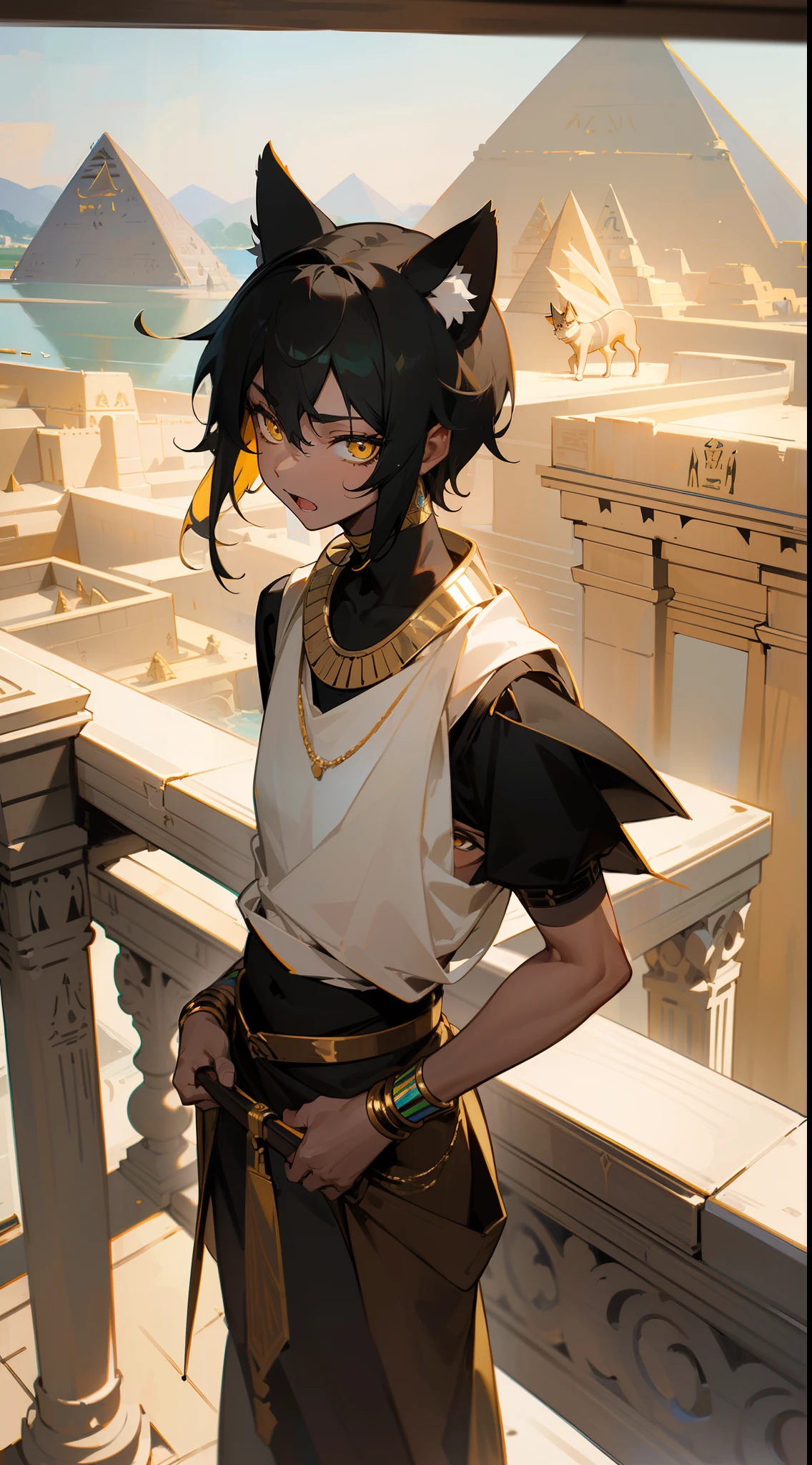 (Original Character,8k, Masterpiece, Best Quality,Detailed, Beautiful Detailed Eyes, solo),1boy ,20s,neutral face,open mouth,egypt black ande golden outfit,black hair,short hair,yellow eyes,Cat ears,((standing on a balcony in an Egyptian castle,pyramids,lakes)),(colored skin,Extremy black skin,vanta black skin color),cowboy shot,