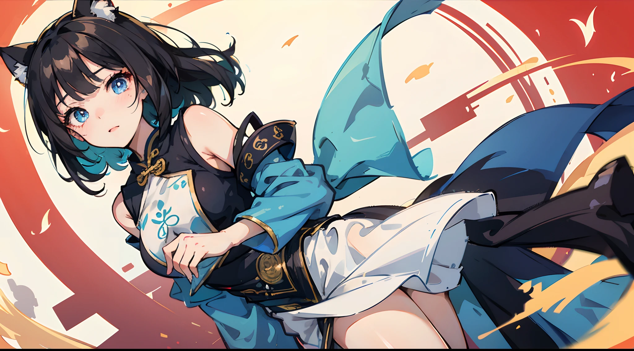 best qualtiy,tmasterpiece,1girll,Black hair, Blue eyes ,ssmile,on cheongsam,It has Jiangnan water town elements,Fair complexion,medium boob,full bodyesbian,cat ear,teardrop,Blushlush,tiny mouth,Bangs flutter in the wind,Purifies skin ,Two-dimensional style --auto