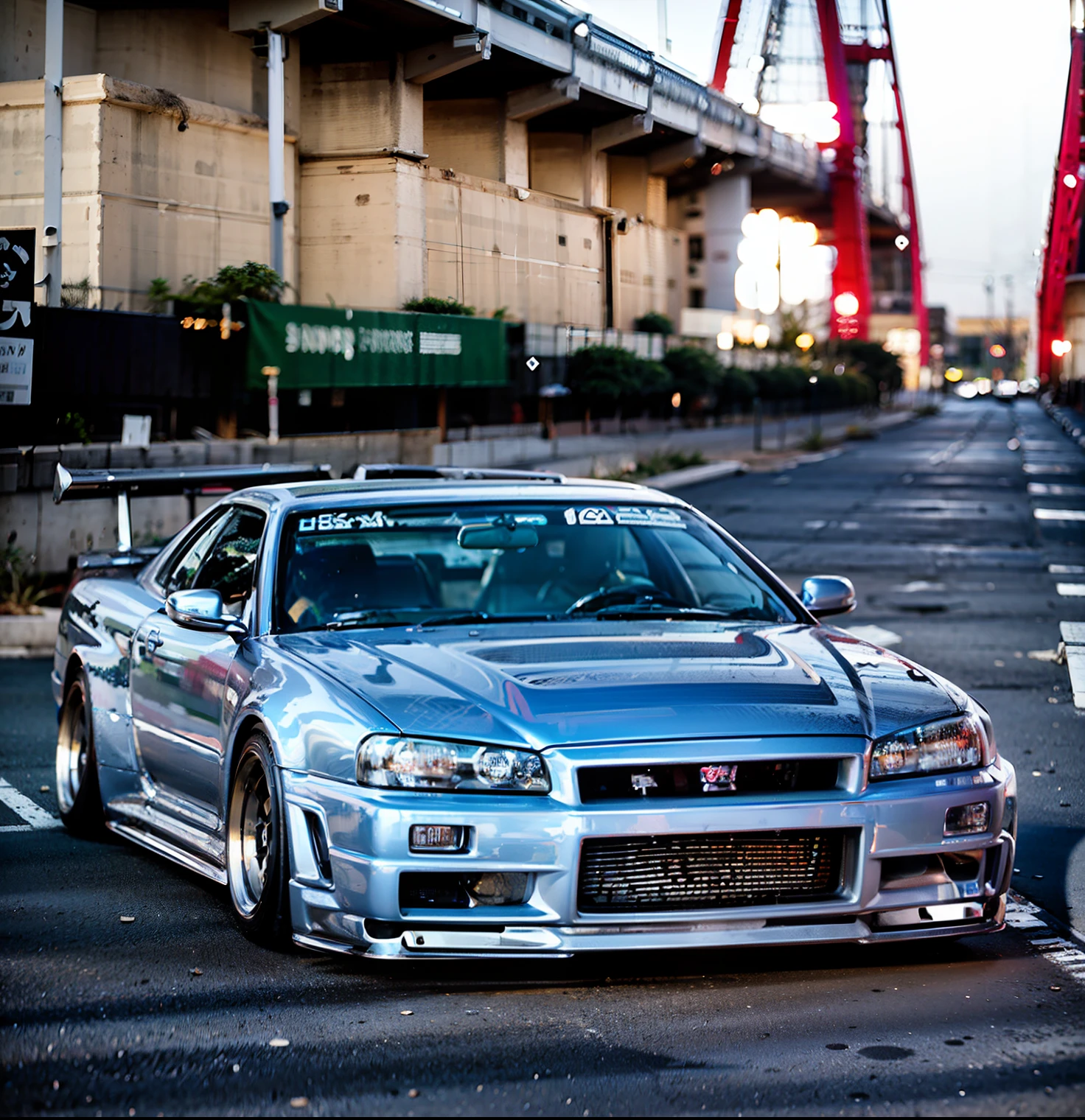 a close up of a white car parked in front of a bridge, nissan gtr r 3 4, wide body, in a modified nissan skyline r34, cobbled together nissan r34 gtr, tunning, gtr xu1, epic stance, powerful stance, long front end, front profile!!!!, view from the streets, jdm, japanese drift car, Design for t-shirts, flat design, vector art, City background, design for Adobe illustrator