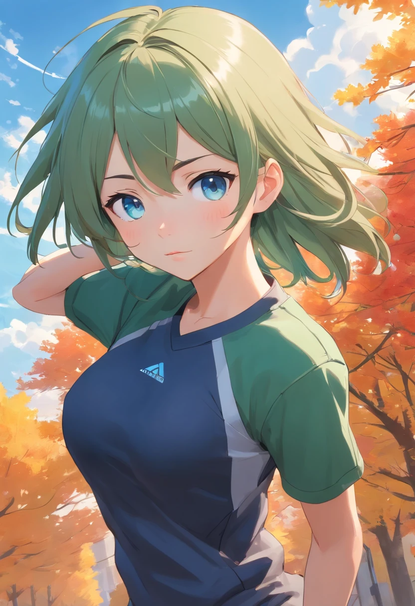 Detailed caricature, Young Caucasian girl with ash green straight hair and blue eyes,, full bodyesbian, Black sporty clothes and big breasts, Autumn sky,hightquality, High resolution, 8K, hard disk, (Well-designed body)