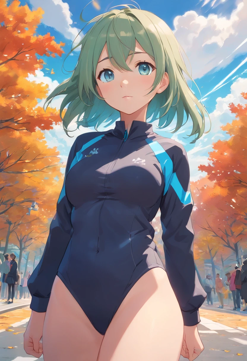 Detailed caricature, Young Caucasian girl with ash green straight hair and blue eyes,, full bodyesbian, Black sporty clothes and big breasts, Autumn sky,hightquality, High resolution, 8K, hard disk, (Well-designed body)