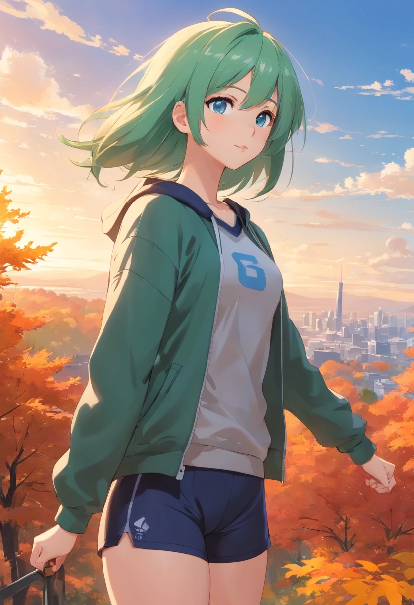 Detailed caricature, Young Caucasian girl with ash green straight hair and blue eyes,, full bodyesbian, Black sporty clothes and big breasts, Autumn sky,hightquality, High resolution, 8K, hard disk, (Well-designed body)
