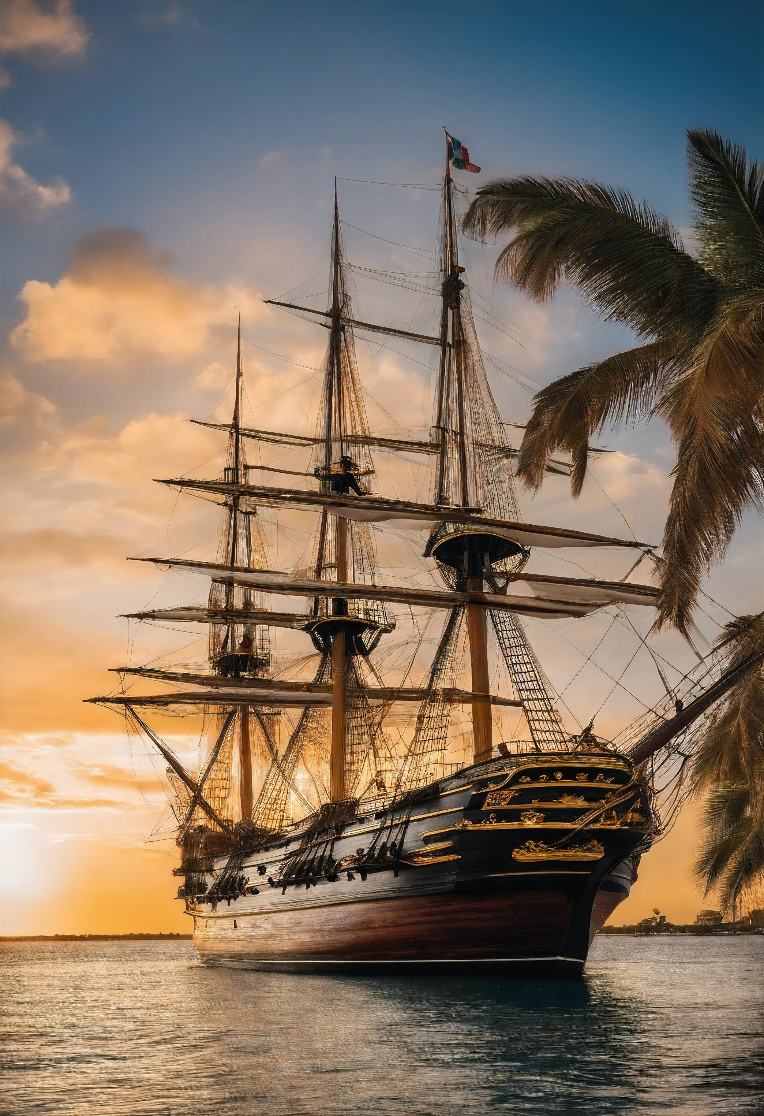 high photorealistic quality, film light, Sailing ship "HMS VICTORY" in the Caribbean at 3 p.m., in the background the city of "Cancun" in Mexico and beach and palm trees and two sailboats and five dolphins