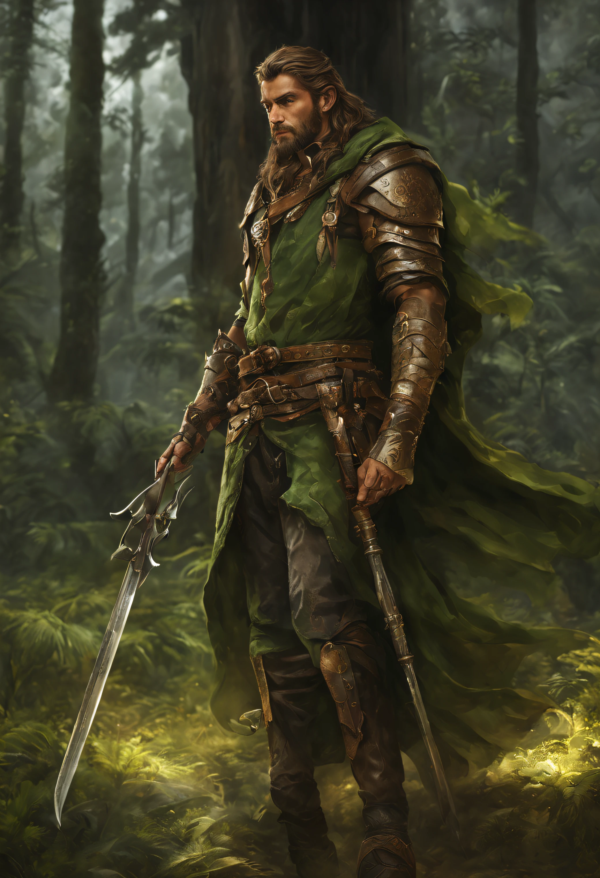 El-Had is a hunter elf who lives as a wanderer around the world. Ele tem cerca de 120 anos de idade, mas aparenta ter uns 30 anos humanos. Ele tem cabelos loiros, olhos azuis e orelhas pontudas. He's tall and thin, but has defined muscles, ele utiliza um casaco de couro longo verde, que se mistura com a natureza. Ele usa uma pistola de fogo como arma, que ele carrega na cintura. He also has a knife hidden in his boot. Ele tem um colar de dentes de lobo, que ele usa como amuleto, serious look, que reflete a sua personalidade, imagem 4k, detalhamento intricicos, Floresta mistica, mundo fantasia