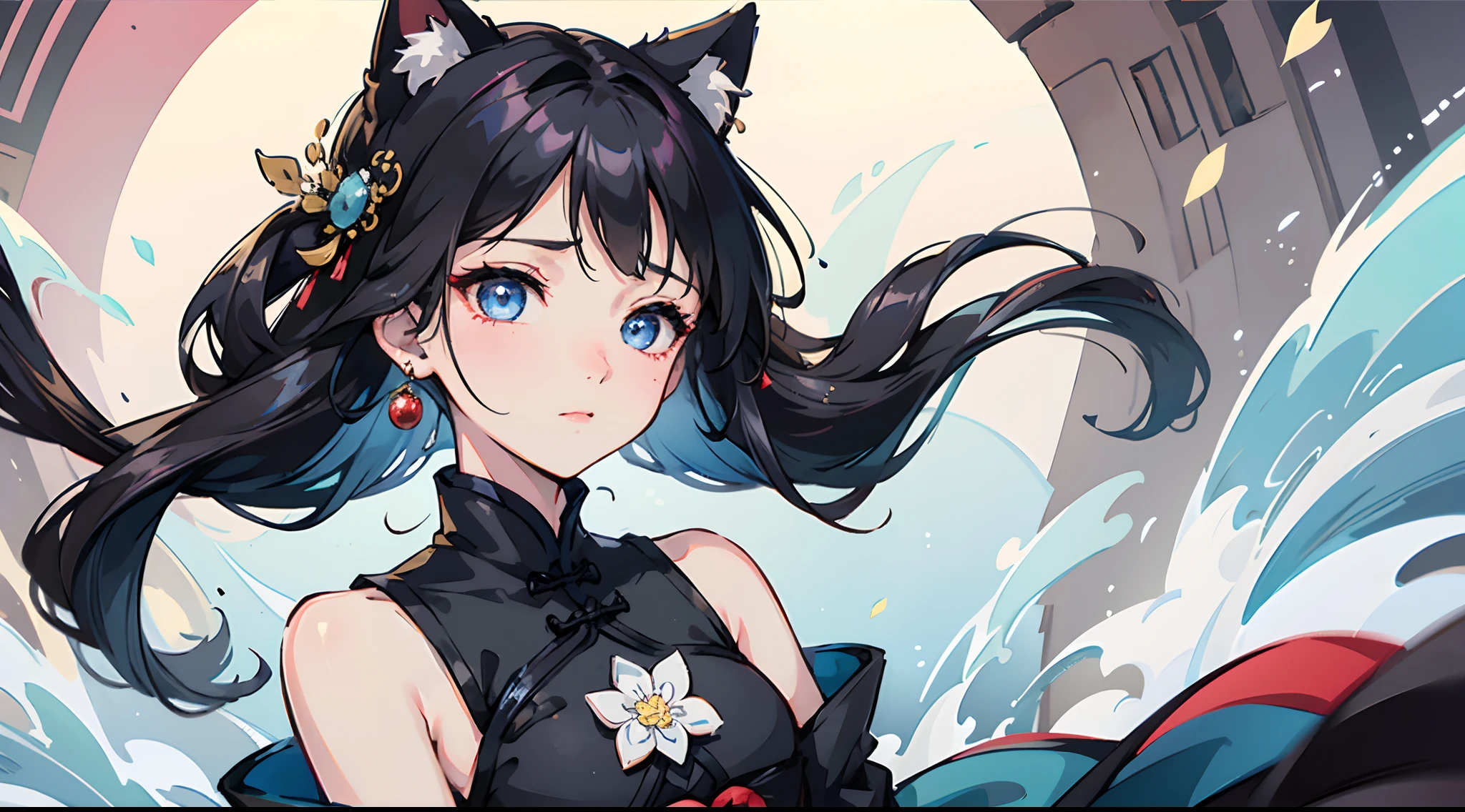 best qualtiy，tmasterpiece，1girll，Black hair， Blue eyes ，ssmile，on cheongsam，It has Jiangnan water town elements，Fair complexion，medium boob，full bodyesbian，cat ear，teardrop，Blushlush，tiny mouth，Bangs flutter in the wind，Purifies skin ，Two-dimensional style --auto