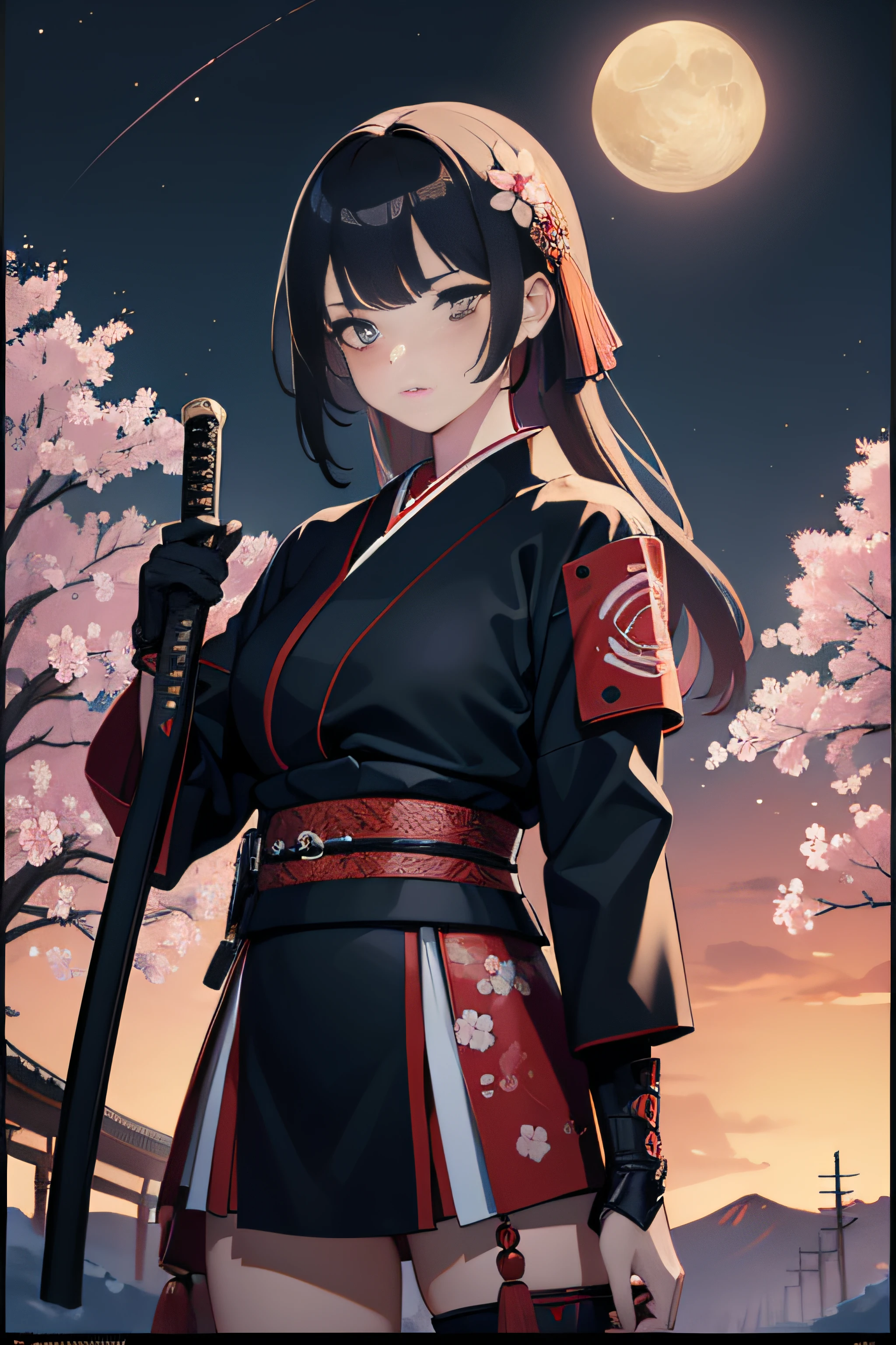 (Masterpiece, Best Quality), 8k Wallpaper, highly detailed, sexy female ronin, samurai, cherry blossom flowers border, japanese tattoos, katana, japan, night, moonlight, vector style art, erotic, movie poster style, lettering.