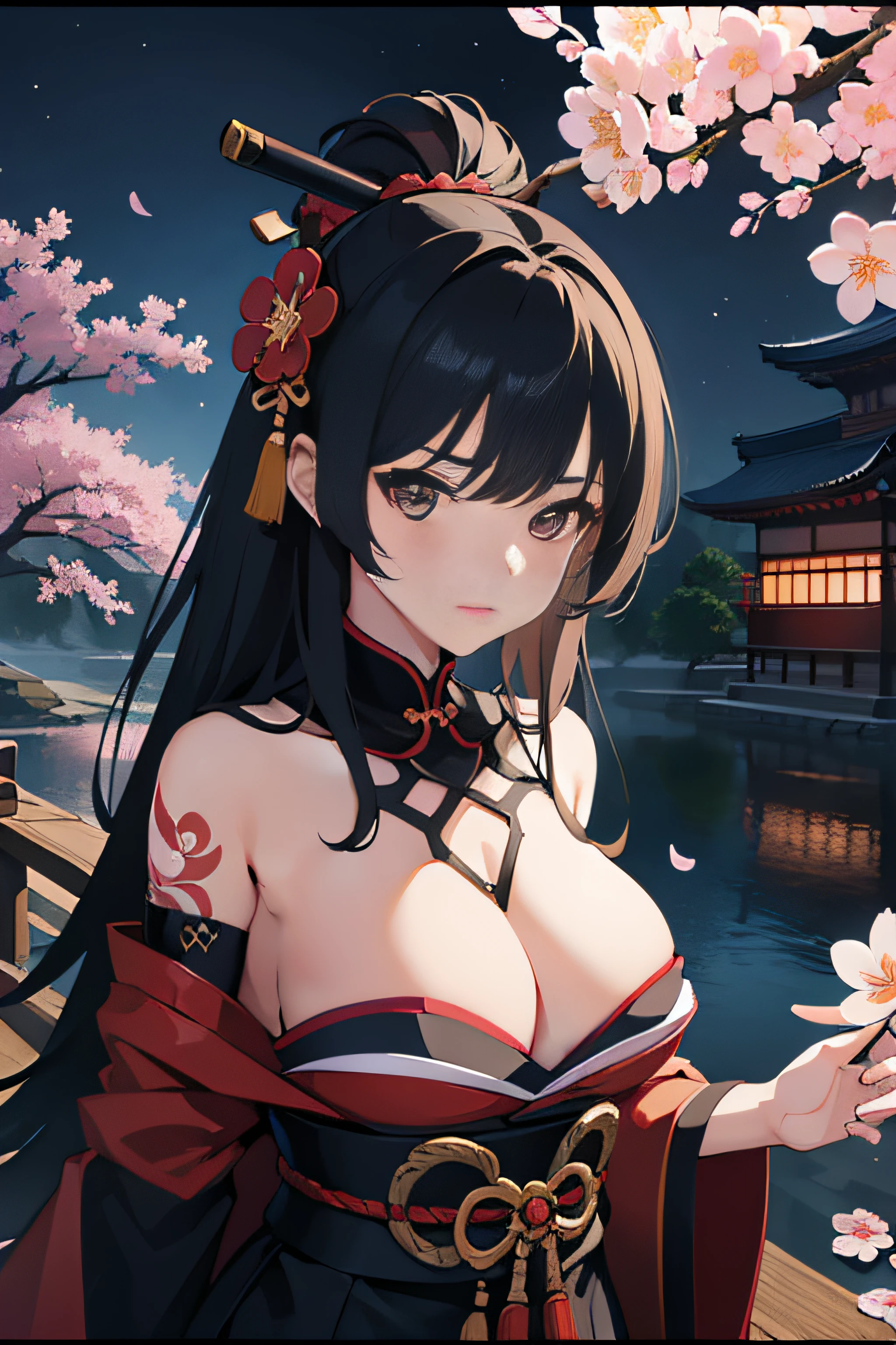 (Masterpiece, Best Quality), 8k Wallpaper, highly detailed, sexy female ronin, samurai, cherry blossom flowers border, japanese tattoos, katana, japan, night, moonlight, vector style art, erotic, movie poster style, lettering.