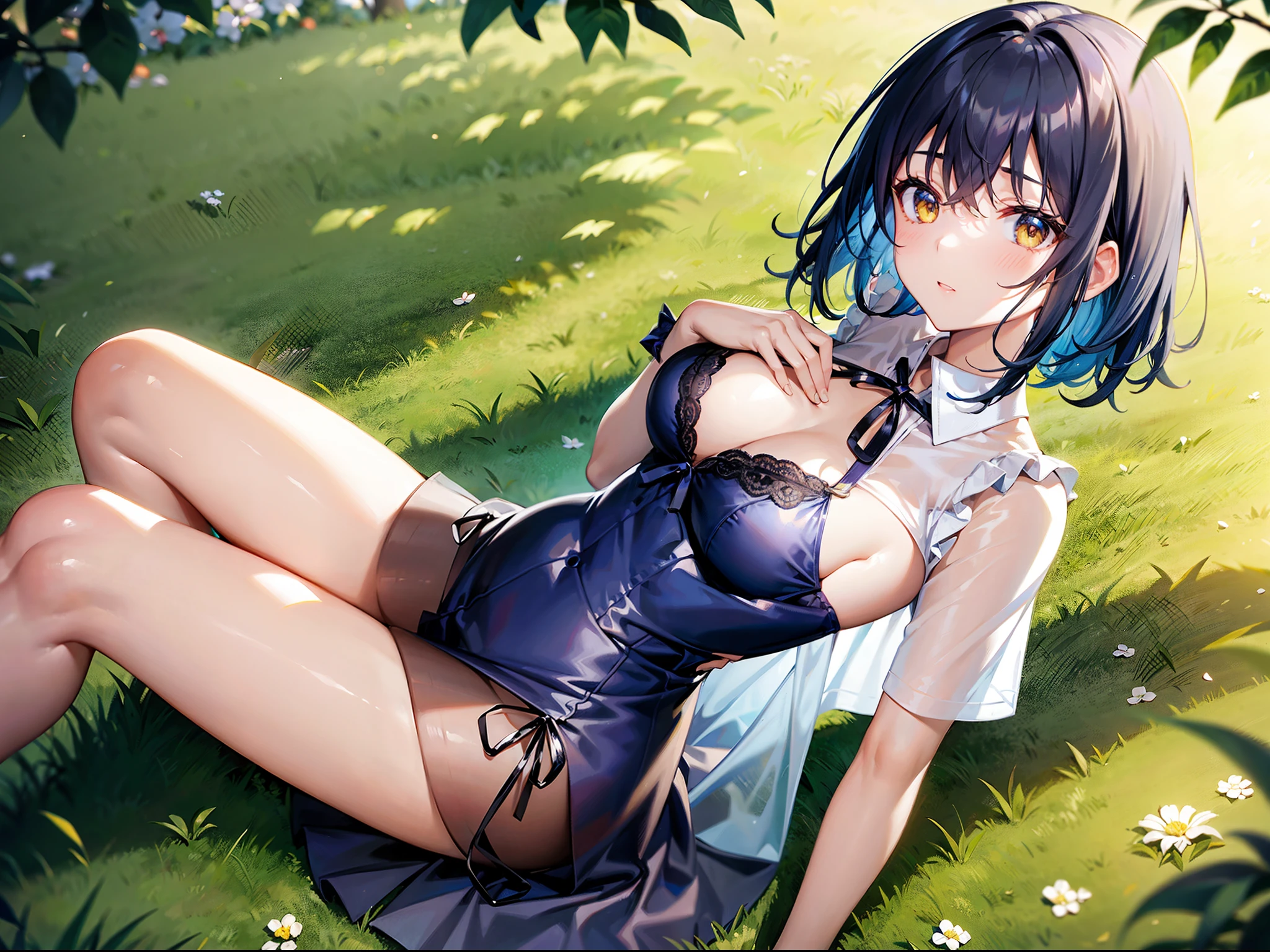 A cute girl,Has short dark blue hair,Flowing sea,There is a hairpin in the right side of the hair,Yellow eyes,Wear a transparent white miniblouse and transparent miniskirt,No underwear,Large breasts can be seen,Lying in the grass under the trees in the forest,Spread your legs,Reveals pink panties,Looks shy,Lift your blouse with both hands and close your mouth。