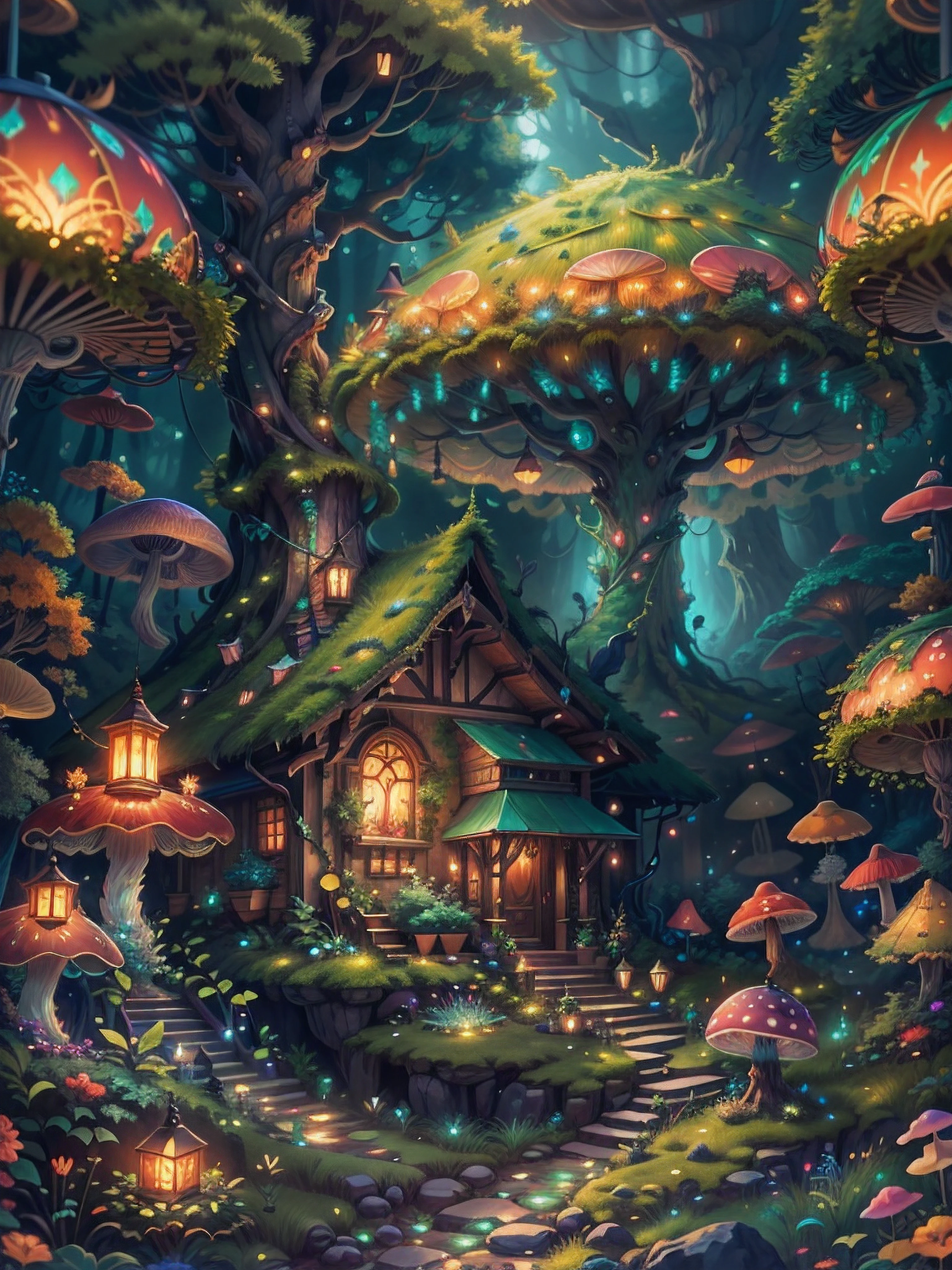 an illustration of the enchanted forest, with tall green trees, small colorful house in a fantasy mushroom in the center, magic, centered, symmetry, painted, intricate, volumetric lighting, beautiful, rich deep colors masterpiece, sharp focus, ultra detailed, astrophotography. The composition is very detailed, 8K, perfect composition., ultra hd, realistic, vivid colors, highly detailed, UHD drawing, pen and ink, perfect composition, beautiful detailed intricate insanely detailed octane render trending on artstation, 8k artistic photography, photorealistic concept art, soft natural volumetric cinematic perfect light