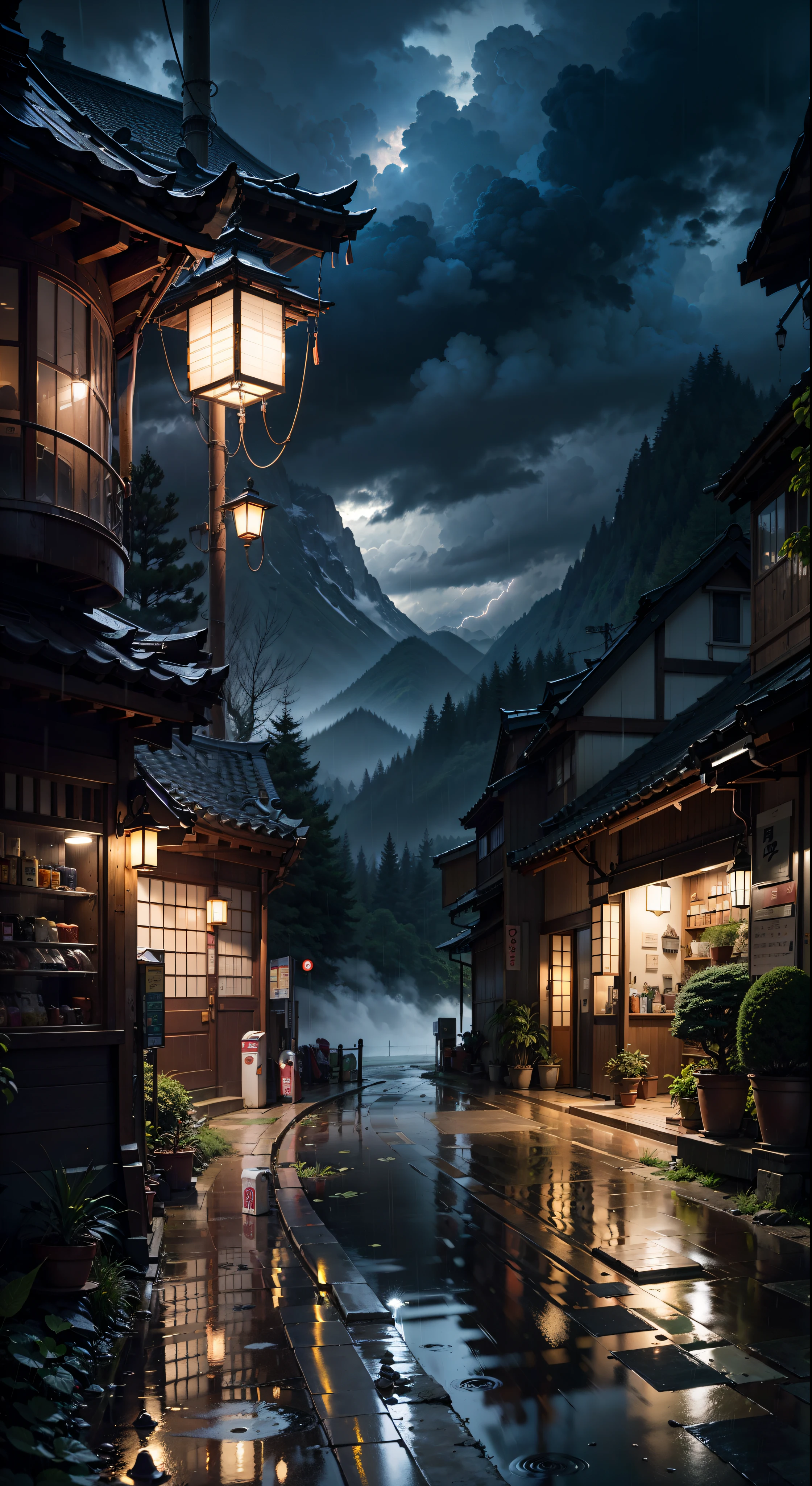 japan, modern Japanese gas station by the side of a road in the mountains, modern Japanese architecture, night-time, rain, best quality, (no one: 1), anime, anime style, lofi, dramatic weather, Japanese shop signs, lofi style, no other building, vegetation, woods, puddles of water, heavy rainfall, neon signs, plant pots, lanterns, lamps, storm, gloomy weather, dramatic weather, rain, raining, puddles, heavy rain, falling rain drops,
