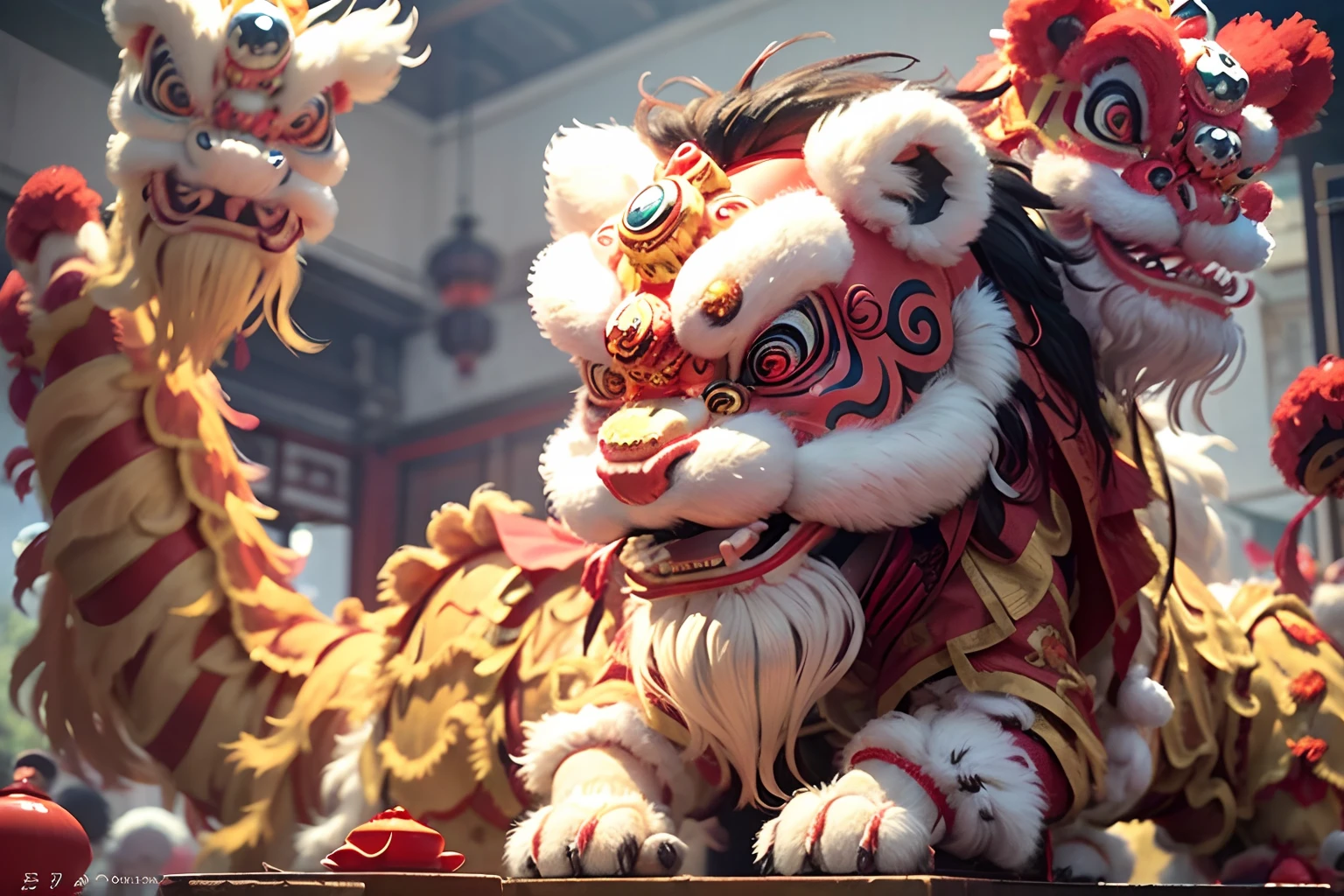 Chinese lion dance，Replace the lion's head with a dragon's head，Colorful awakening dragon heads，Chinese New Year，decorations，Clay material