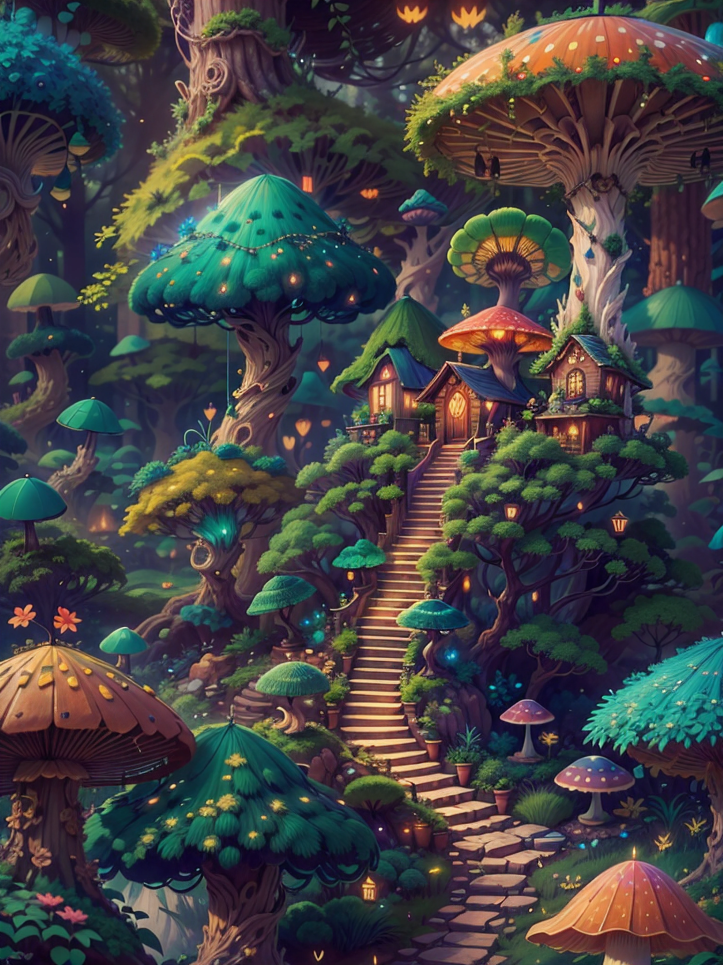 an illustration of the enchanted forest, with tall green trees, small colorful house in a fantasy mushroom in the center, magic, centered, symmetry, painted, intricate, volumetric lighting, beautiful, rich deep colors masterpiece, sharp focus, ultra detailed, astrophotography. The composition is very detailed, 8K, perfect composition., ultra hd, realistic, vivid colors, highly detailed, UHD drawing, pen and ink, perfect composition, beautiful detailed intricate insanely detailed octane render trending on artstation, 8k artistic photography, photorealistic concept art, soft natural volumetric cinematic perfect light
