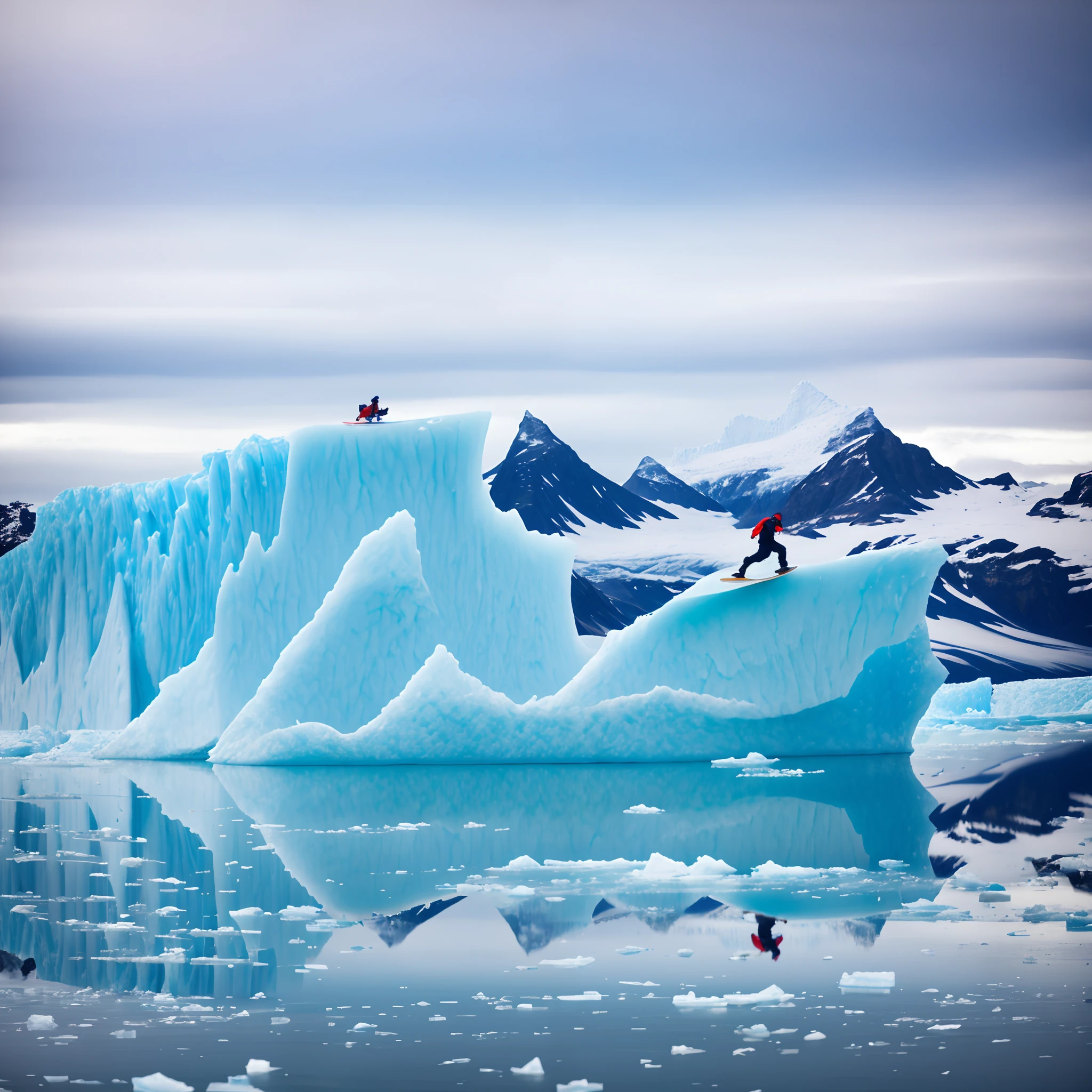 There is a man riding on an iceberg on a surfboard, icy mountains in the background, Icebergs, icy mountains in the background, ice and glaciers, mountains made out of icebergs, icy glaciers, icy, Blue-Ice, glaciers and ice and snow, iceland photography, glacier photography, glacier, ice mountains afar, icy mountains in the background, blue glacier