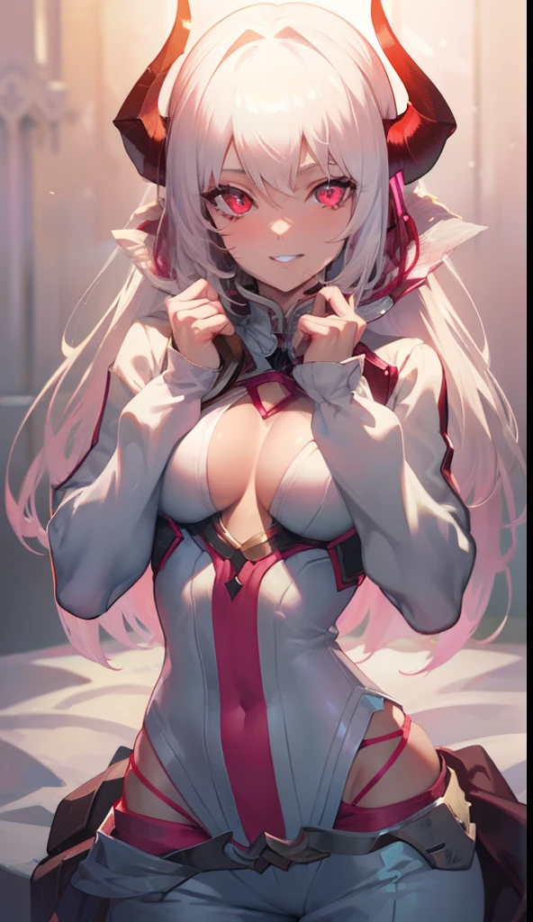 DETAILED, DENSE, MASTERPIECE, one girl, beautiful,  22 years old, smooth skin, glowing skin, glowing hair, clear eyes, glowing eyes, red eyes, soft lips,(viewer Looking down: 0. 8) smiling slightly, cheeks stained, mouth open, one girl, soft skin, large breasts, glowing skin, (Masterpiece: 1.0), (Realistic: 1.6), (Soft Focus: 1.5), albino, white hair, horns, full body, big lips, sexy face, sharp eyes, grin, skinny waist, (((skinny waist))), pastel pink jacket,