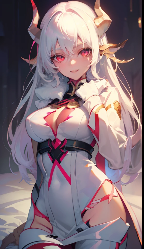 DETAILED, DENSE, MASTERPIECE, one girl, beautiful,  22 years old, smooth skin, glowing skin, glowing hair, clear eyes, glowing eyes, red eyes, soft lips,(viewer Looking down: 0. 8) smiling slightly, cheeks stained, mouth open, one girl, soft skin, large breasts, glowing skin, (Masterpiece: 1.0), (Realistic: 1.6), (Soft Focus: 1.5), albino, white hair, horns, full body, big lips, sexy face, sharp eyes, grin, skinny waist, (((skinny waist))), pastel pink jacket,