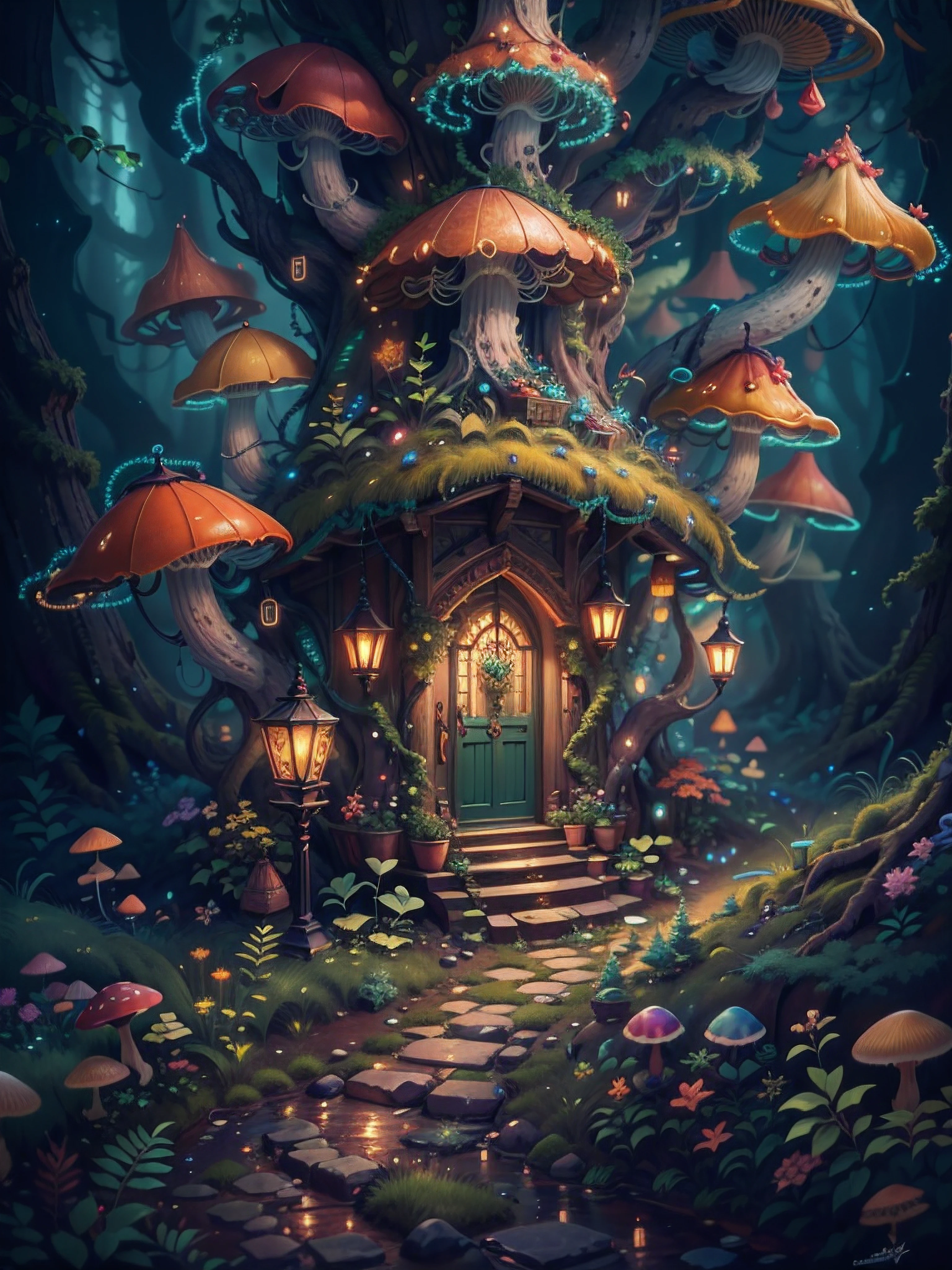 an illustration of the enchanted forest, with tall green trees, small colorful house in a fantasy mushroom in the center, magic, centered, symmetry, painted, intricate, volumetric lighting, beautiful, rich deep colors masterpiece, sharp focus, ultra detailed, astrophotography. The composition is very detailed, 8K, perfect composition., ultra hd, realistic, vivid colors, highly detailed, UHD drawing, pen and ink, perfect composition, beautiful detailed intricate insanely detailed octane render trending on artstation, 8k artistic photography, photorealistic concept art, soft natural volumetric cinematic perfect light