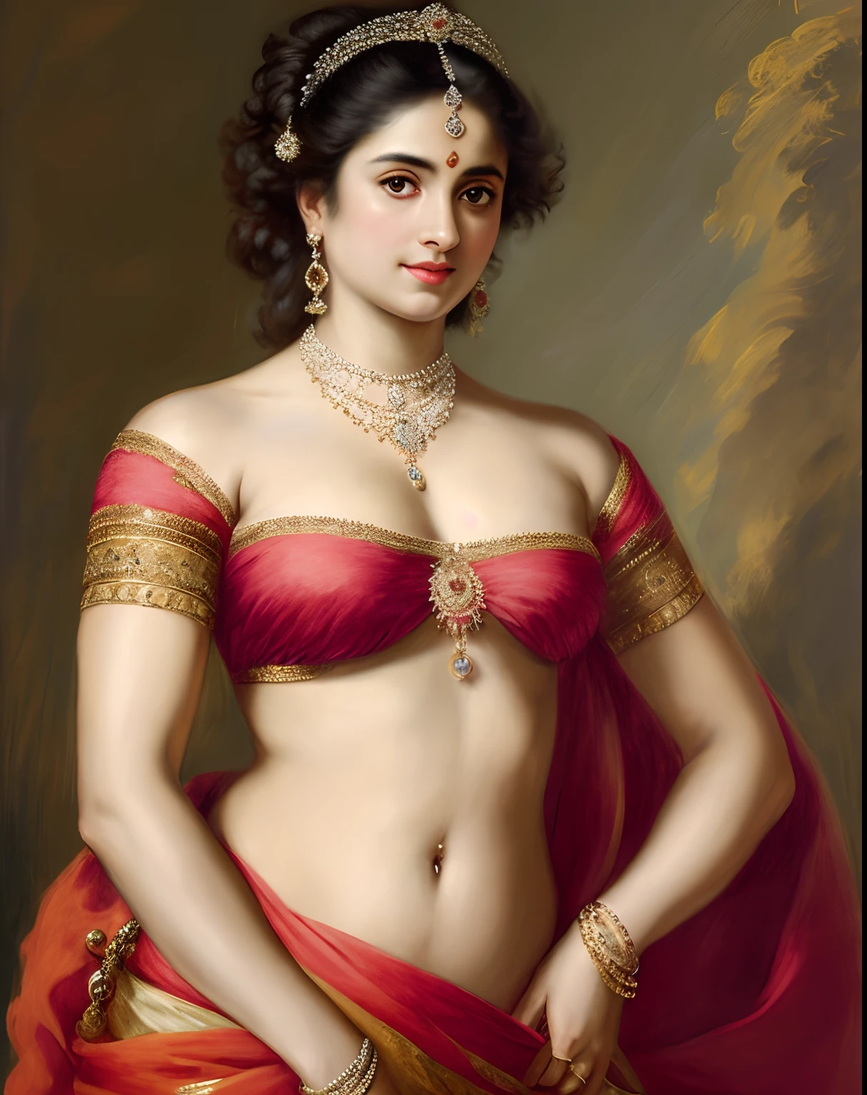 Indian princess, Rajkanya, royal clothes, Masterpiece, portrait, Woman, off shoulder bandeau crop blouse, middle ages, classicism, andrey atroshenko style, painting, traditional media, realistic, figurative, fine art, detailed Art, oil on canvas, HDR, 8K, original character, high resolution, high detail, focus on the face, intricate, flawless, fluffy hair, Peter Paul Rubens style, By Peter Paul Rubens