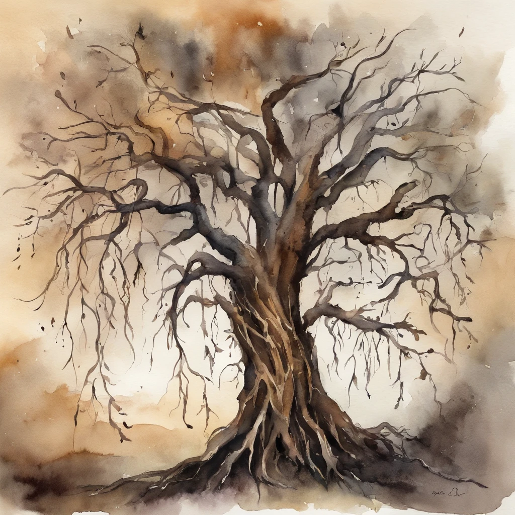 A dead tree is entangled in vines,Dark colors