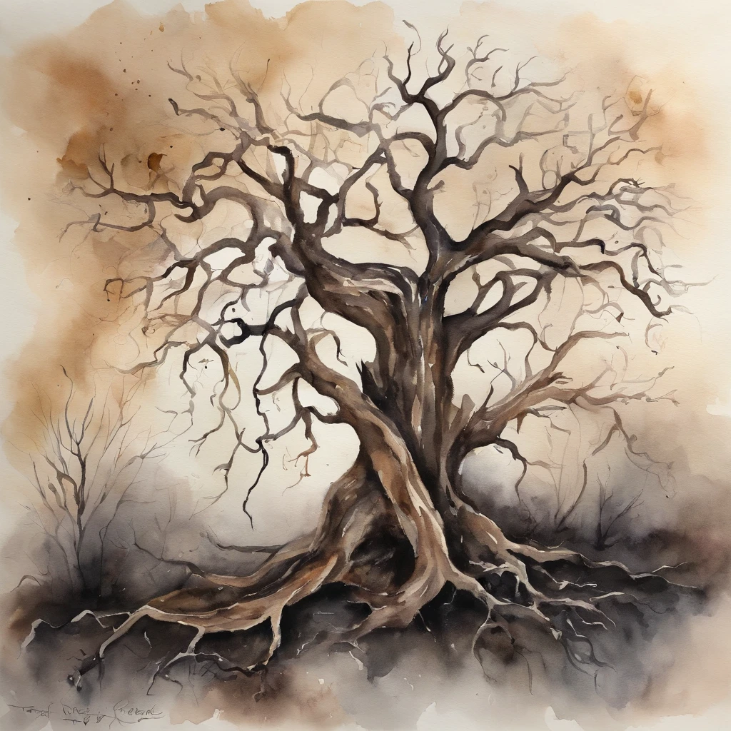 A dead tree is entangled in vines,Dark colors