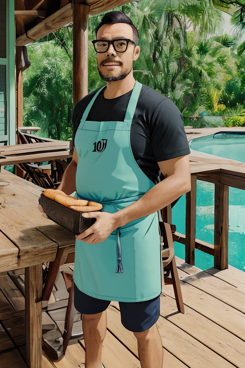 guttonerdvision10, Create a 2D cartoon-style illustration with black outline strokes, flat coloring, depicting a man wearing glasses and beard while grilling outdoors. He is on a rustic porch with tables and accessories, sporting a chef's apron. It's a sunny day with a pool in the background, which is intentionally blurred to emphasize the man. Render the illustration in UHD for optimal detail.