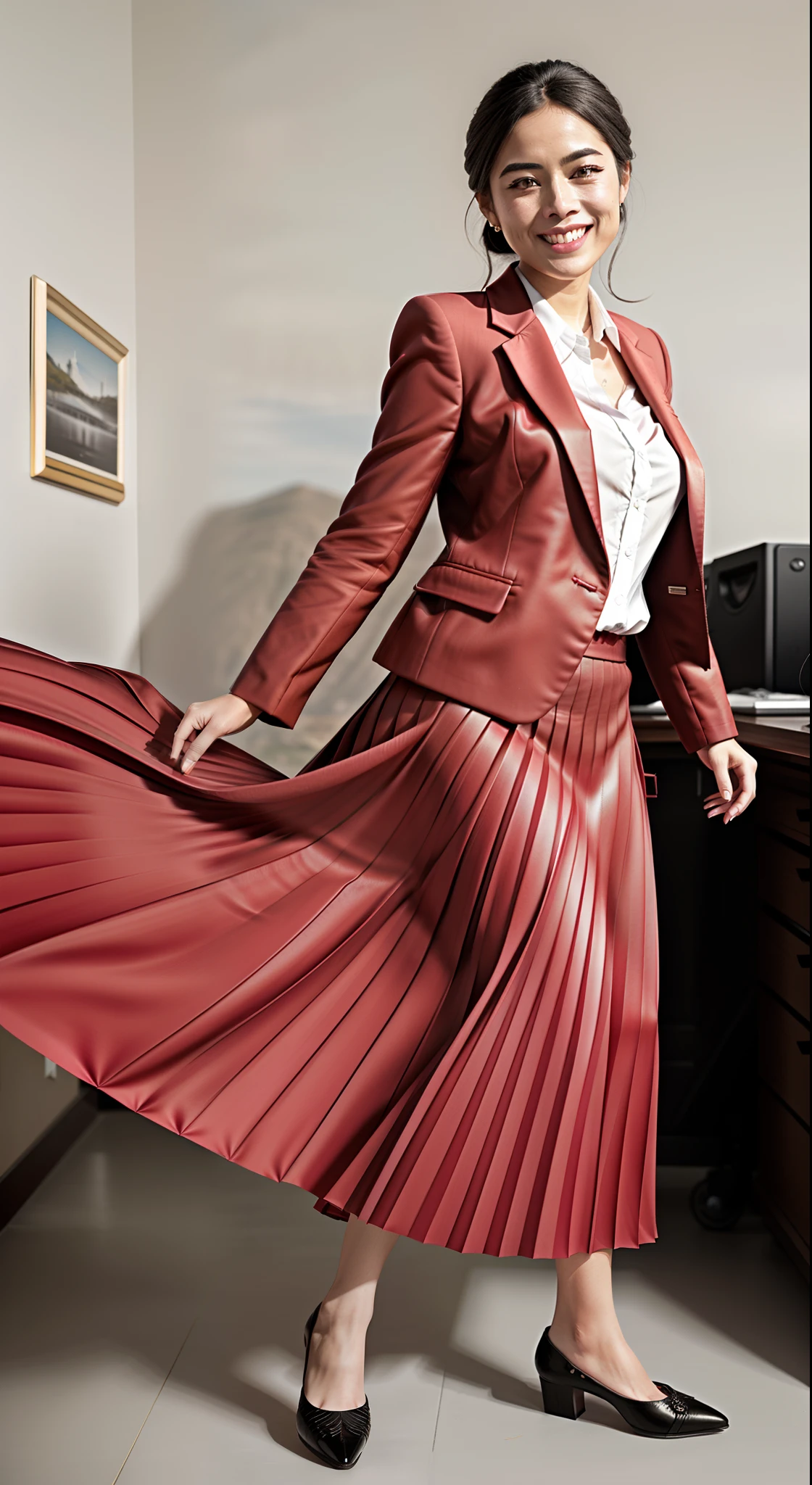 very (seductive:1,9) (happy:1,8) smiling young girl wearing short blazer and very very detailed (long (fully pleated) full circle skirt) and (simple) low heeled office shoes, very very intricate hyper-detailed symmetric (attractive graceful young feminine face) with (sad, tired eyes and a shy smile), large breasts, full of empathy and compassion and love, (pronounced (feminine) features), (highly detailed ultra accurate realistic) hands and fingers, playing with skirt, dancing, (windy conditions and wind blowing), epic composition, highly detailed attributes, highly detailed atmosphere, (35mm f1.4 Kodak portra 400 photograph), extremely high quality RAW photograph,
