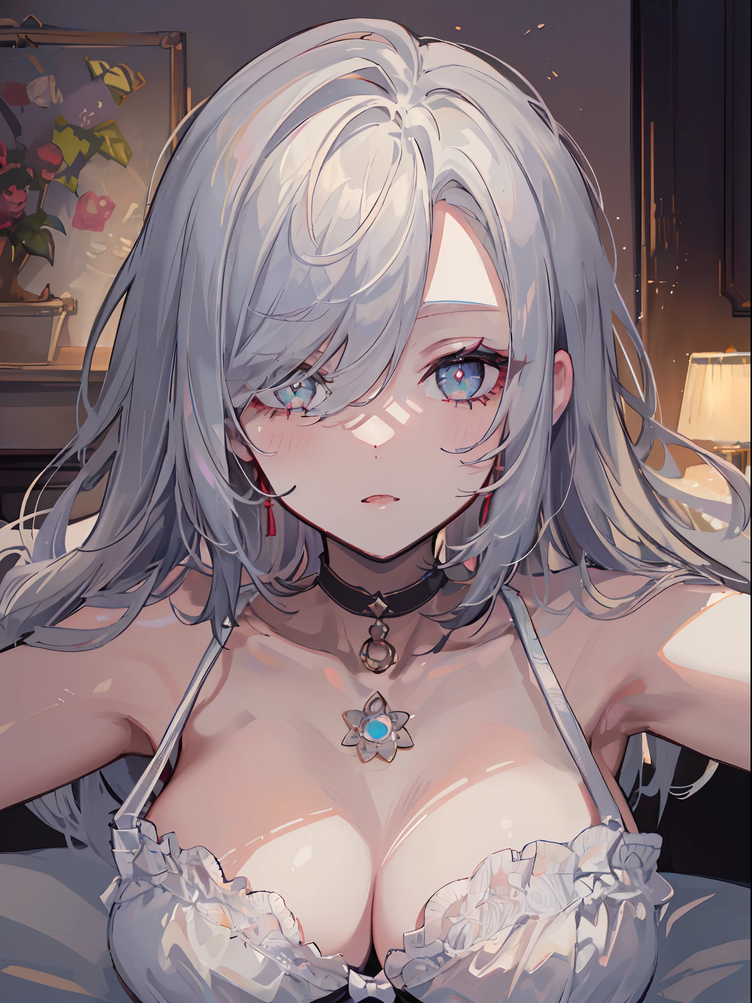 ((beautiful lighting, Best quality, 8K, Masterpiece: 1.3)), 1girl, Perfect body beauty, ((white hair)), ((White dress, [black bra]: 1.4)), (Indoor , night: 1.1), sexy pose (lie on the bed), Super Fine Face, Fine Eyes, naughty look
