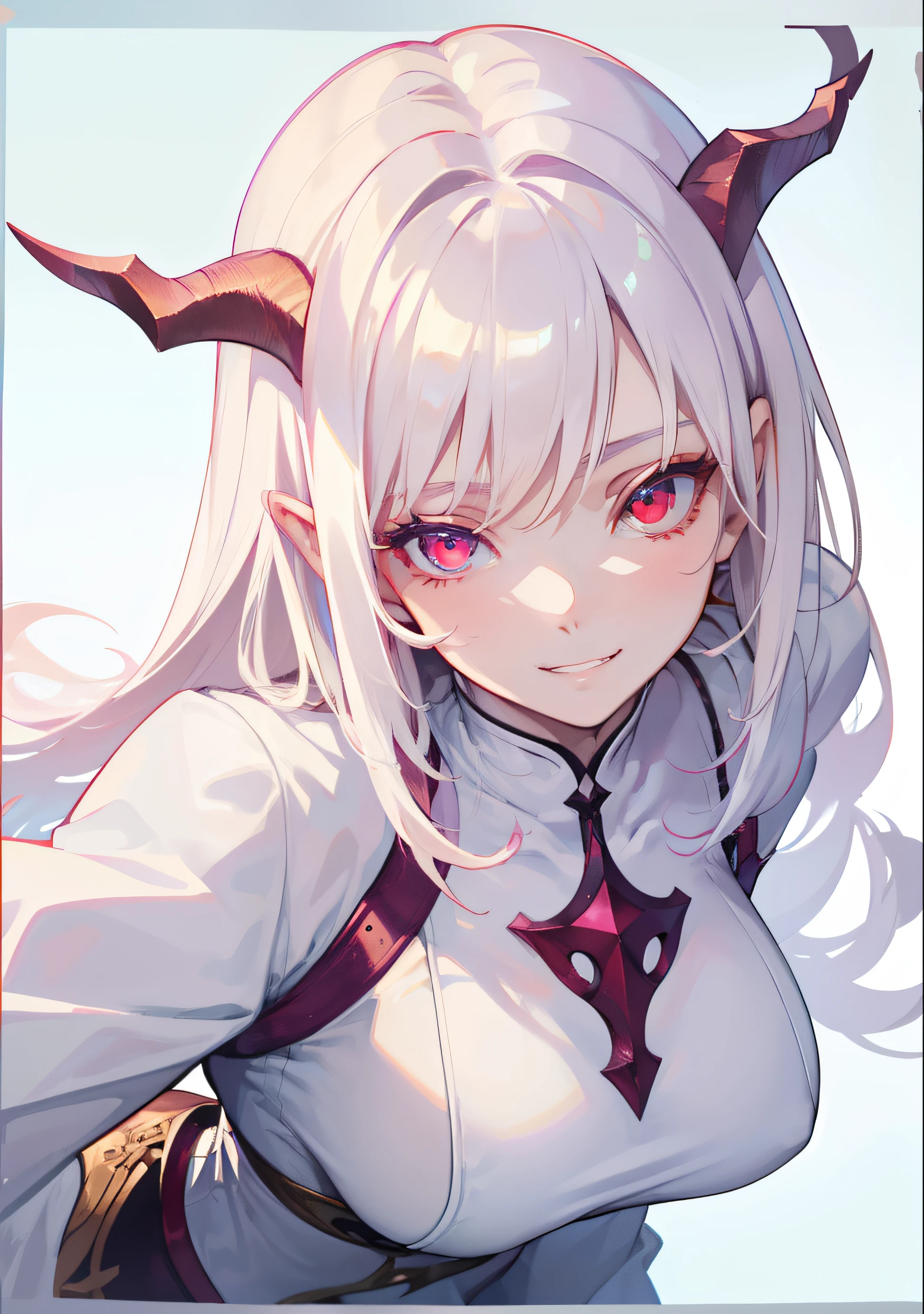 DETAILED, DENSE, MASTERPIECE, one girl, beautiful, 22 years old, smooth skin, glowing skin, glowing hair, clear eyes, glowing eyes, red eyes, soft lips,(viewer Looking down: 0. 8) smiling slightly, cheeks stained, mouth open, one girl, soft skin, large breasts, glowing skin, (Masterpiece: 1.0), (Realistic: 1.6), (Soft Focus: 1.5), albino, white hair, horns, full body, big lips, sexy face, sharp eyes, grin, skinny waist, (((skinny waist))), pastel pink jacket,