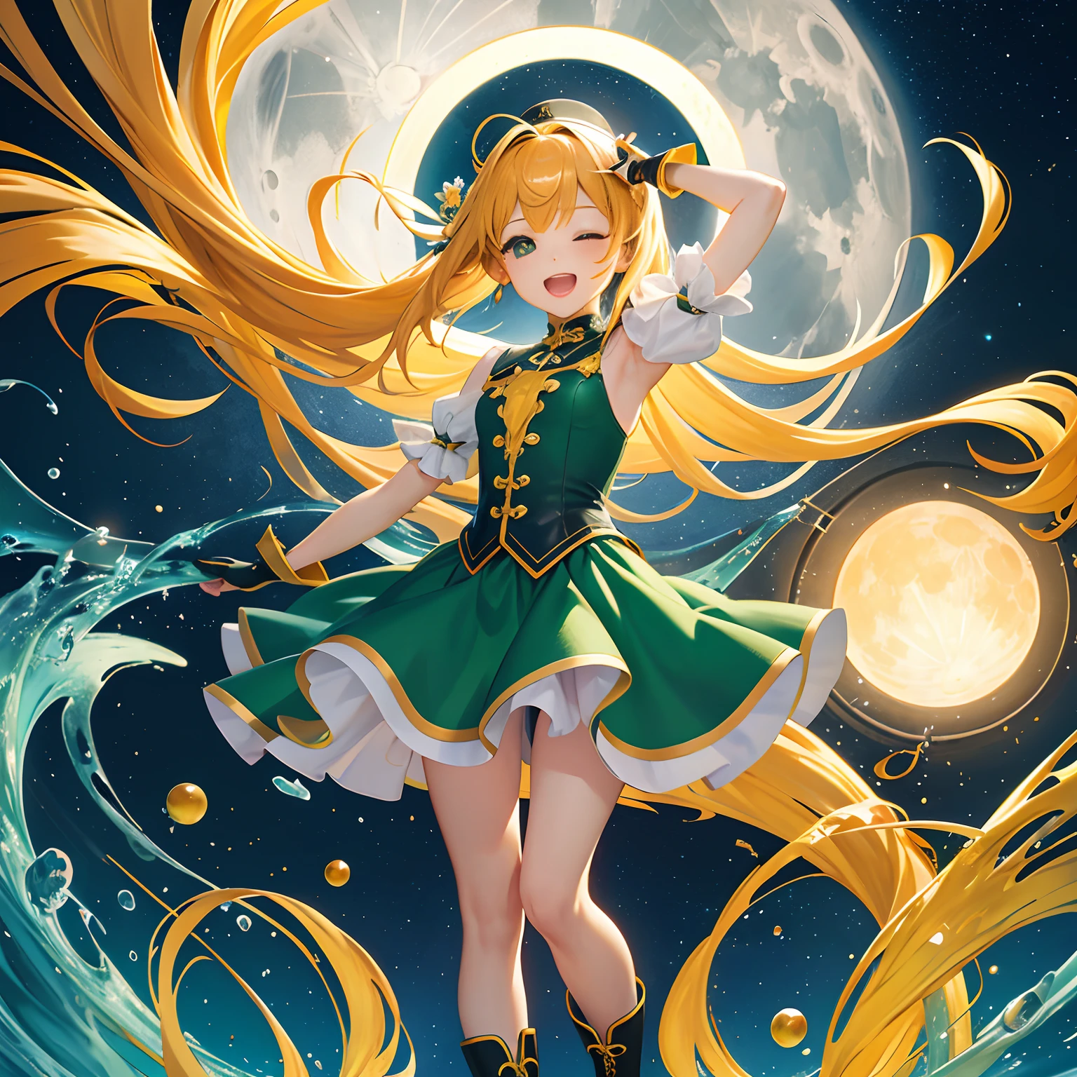 (masterpiece、top-quality、top-quality、Official art、Beautifully Aesthetic:1.2)、Mini、(1girl in)、ighly detailed、(Fractal Art:1.3)、colourfull、Maximize full-body detail,Yellow school uniform, 校服, frilld, length hair, Floating hair, one eye closed, open open mouth, A smile, long boots, Midori Boots, skirt by the, Yellow mesh, is standing, Standing on one leg, gloves, yellow gloves, stage, Raise your legs, Floating hair, with arms up, Look at viewers, bangss, , blured background, a moon