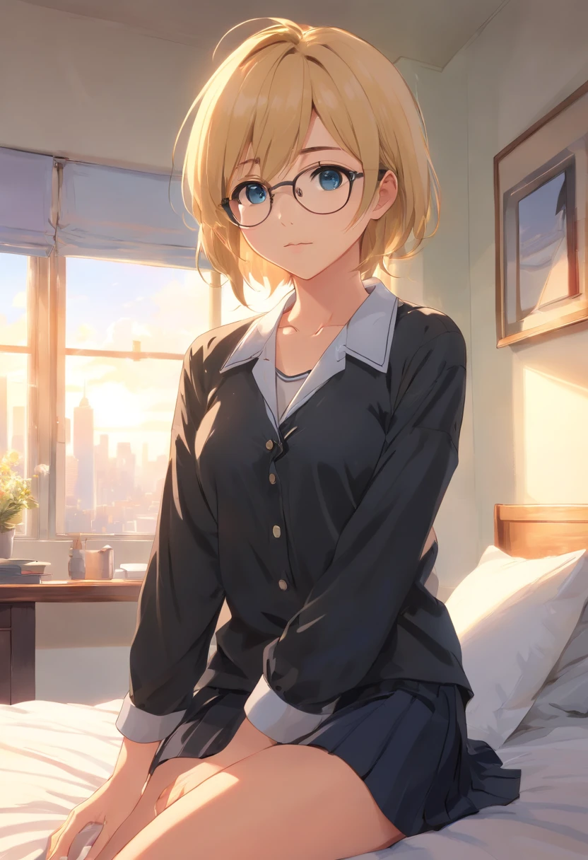 (master-piece, bestquality, ultra-detail:1.3), perfect composition, 10, (Very detailed, hyper detailed), gentle lighting, raw, HDR, 8K Surface, Extreme Detail, high detailed skin texture, Epic Details, high sharpness,18-year-old blonde, Turquoise eyes, long-haired, Black tie with black ribbon and glasses.. Wear a black shirt with white buttons and a long white shirt...... Black miniskirt, Sit on the bed by the window...
