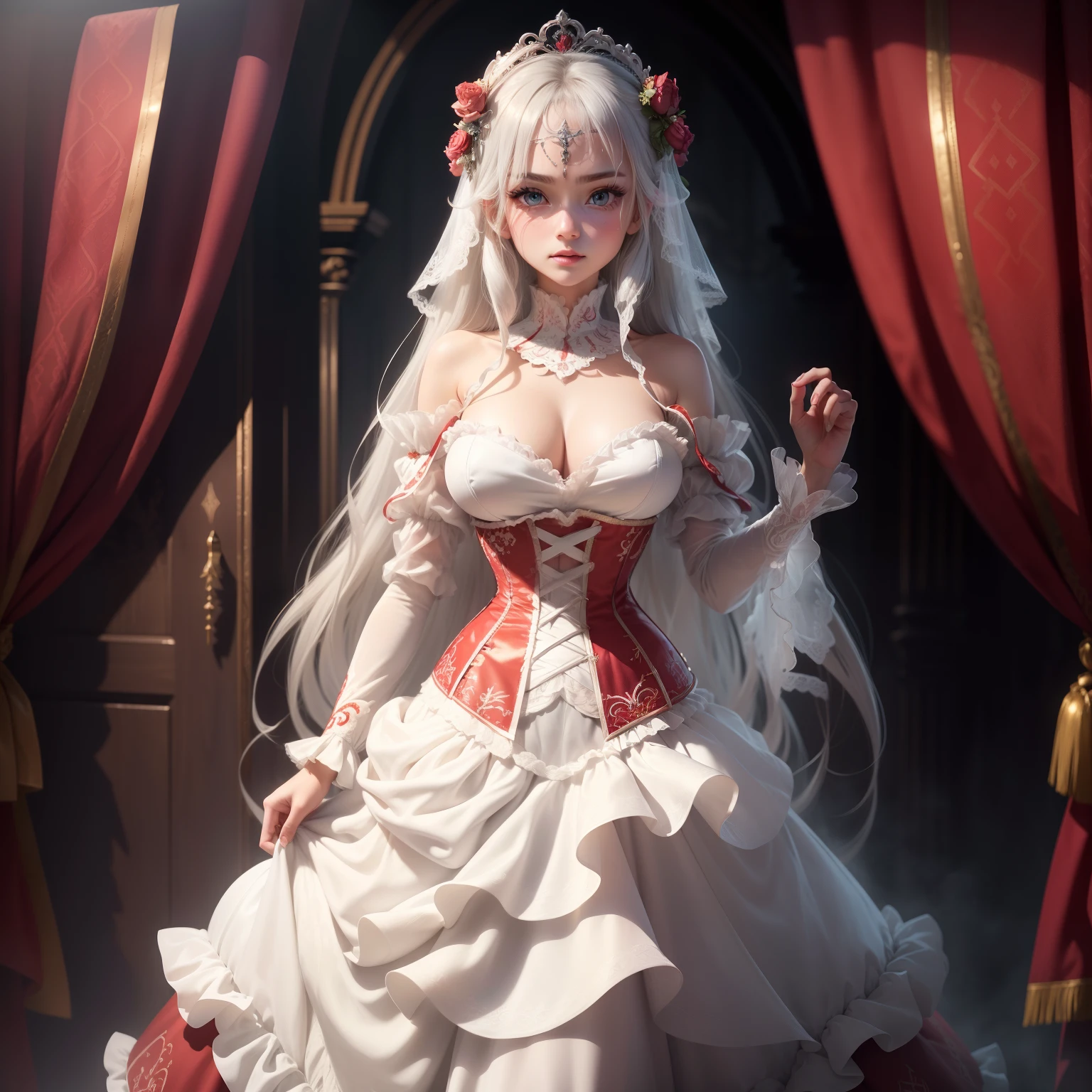 ((the Extremely Detailed CG Unity 8K Wallpapers)), masutepiece, Ultra-detailed, floating, High resolution, Sexually suggestive, (Petite, ridiculously long gray hair, Princess, White Devil Taoism, Blue eyes, (Gorgeous long layered long dress in white and red see-through、Long sleeves and intricate embroidery), Bridal Veil, circlet, bridal gauntlets, Blushing, Shy, Ruffle Petticoat, Glamorous corset,